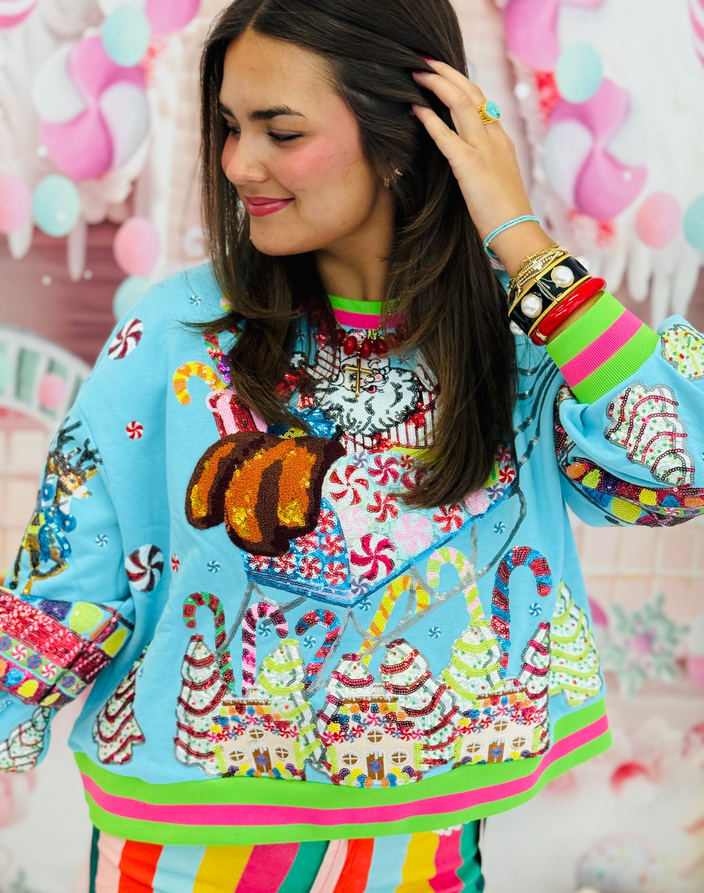 Queen Of Sparkles Aqua Vintage Santa Gingerbread House Sweatshirt (Reg. & Plus)