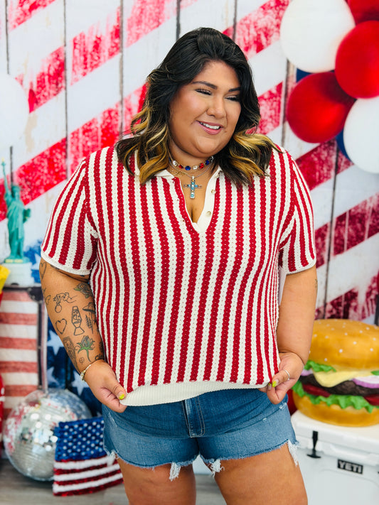 Red/Ivory Retro Vertical Striped Sweater Top (Reg & Plus)