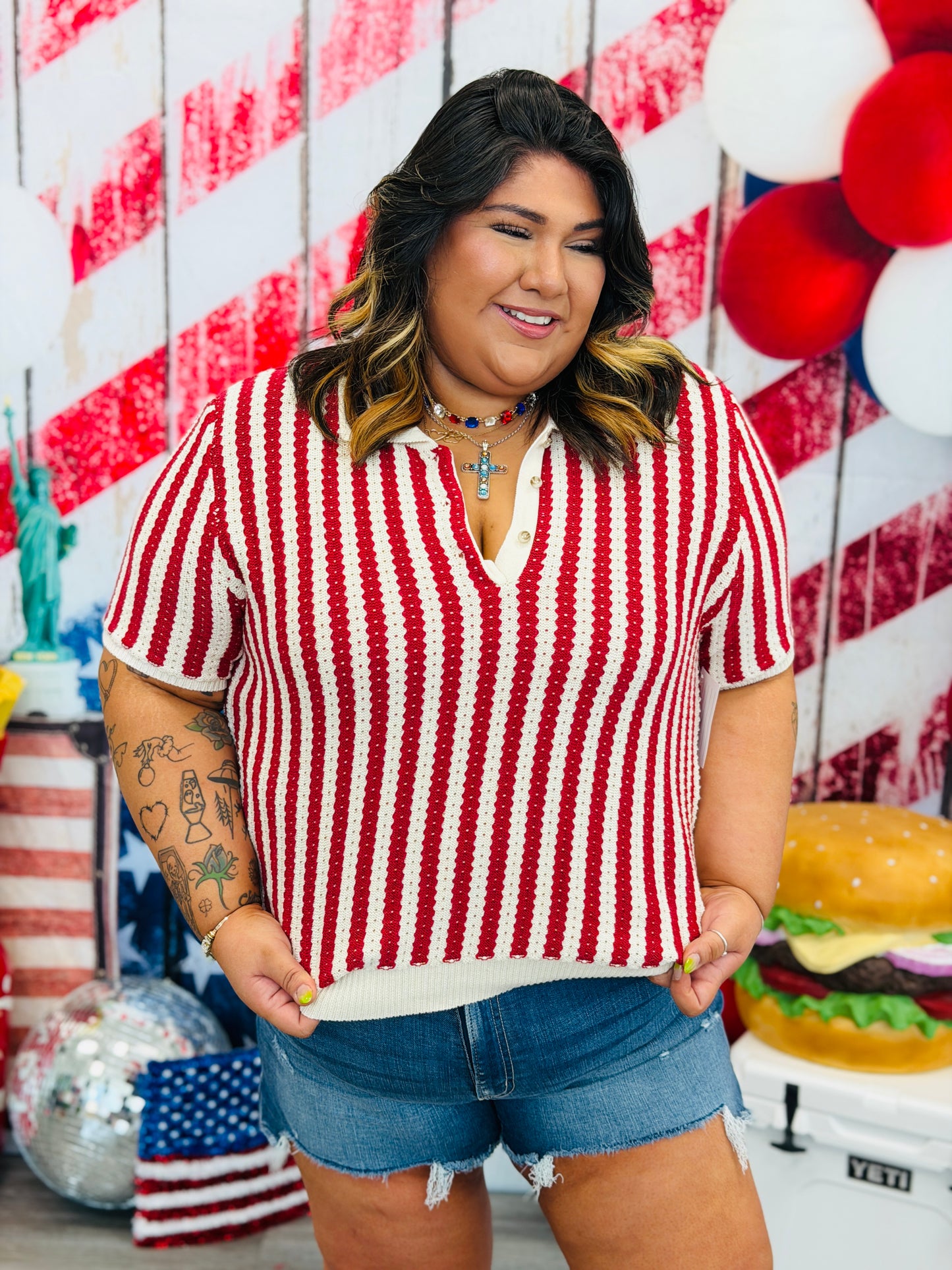 Red/Ivory Retro Vertical Striped Sweater Top (Reg & Plus)