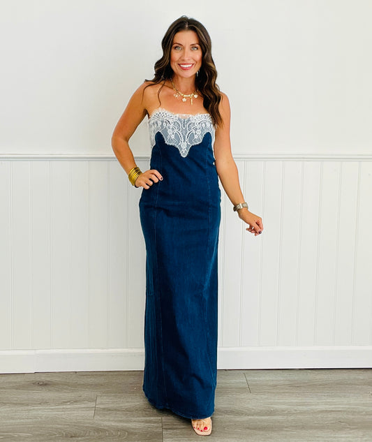 Denim & Lace Column Maxi Dress (Reg)