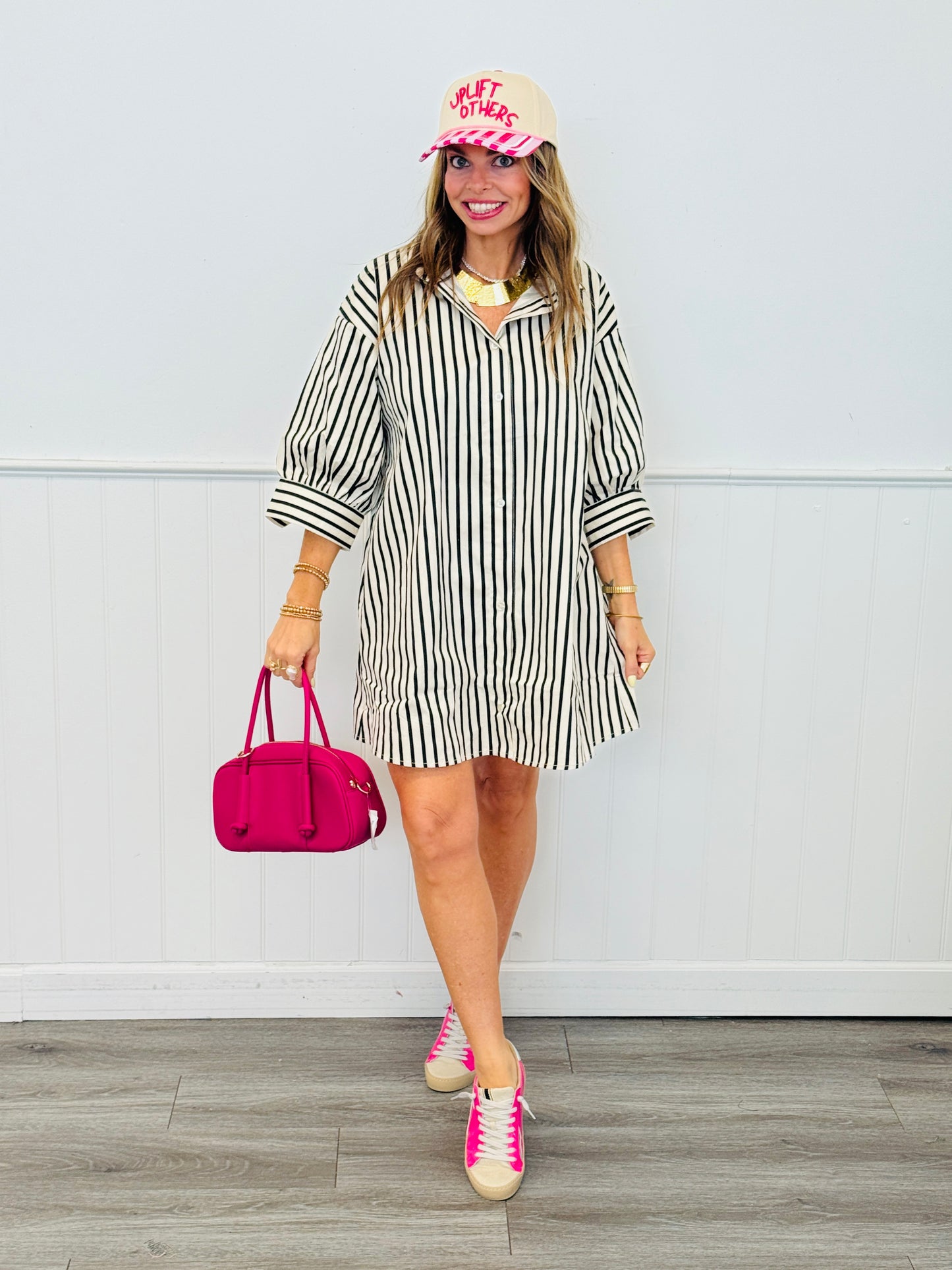 Black/White Striped Mini Shirt Dress (Reg & Plus)
