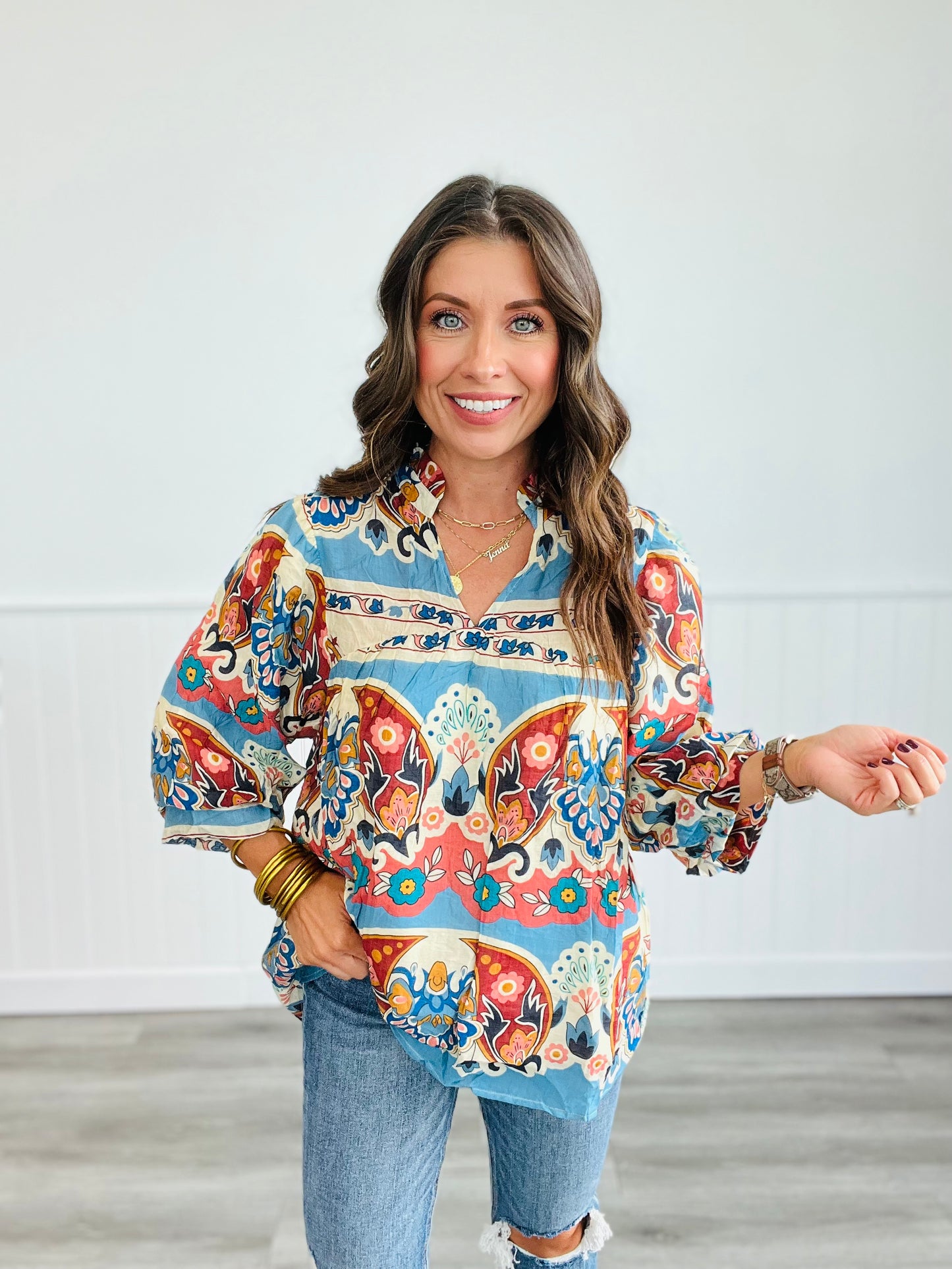 Blue Mix Border Print Top (Reg & Plus)