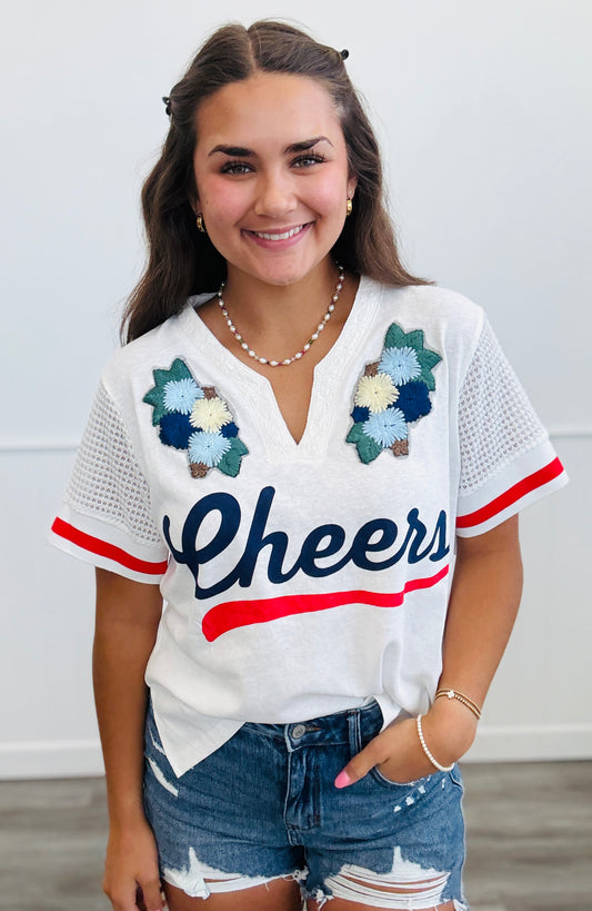 White Floral Patch & Lace Cheers Tee Top (Reg & Plus)