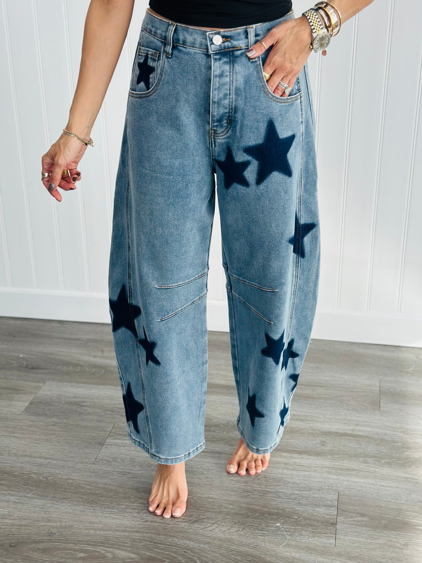 Star Print Denim Barrel Jeans (Reg)