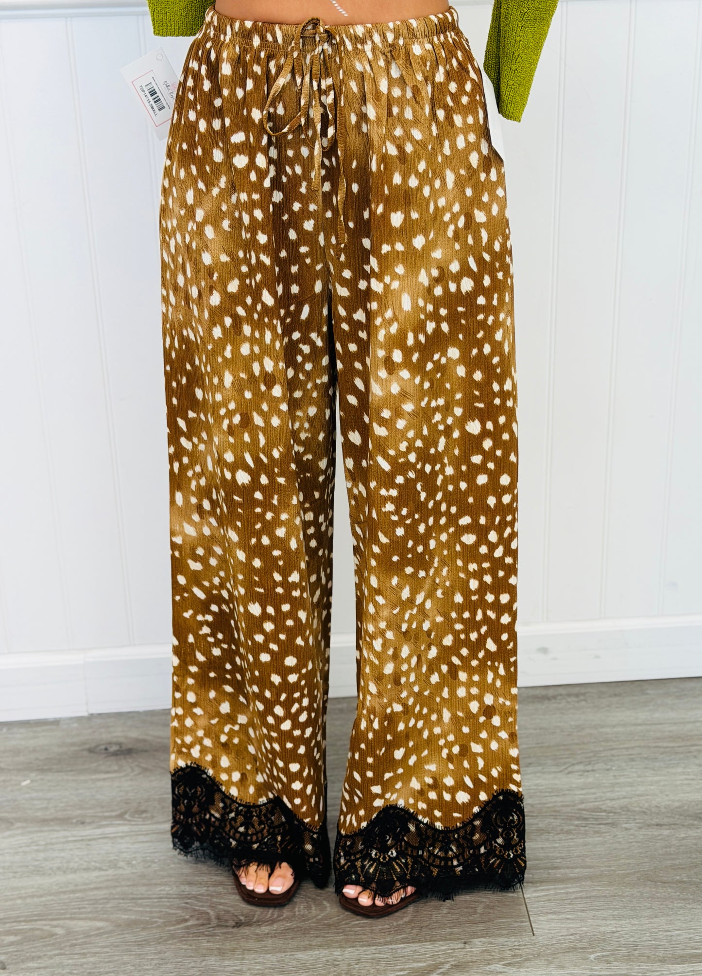 Taupe Deer Print Lace Hem Drawstring Pants (Reg.)