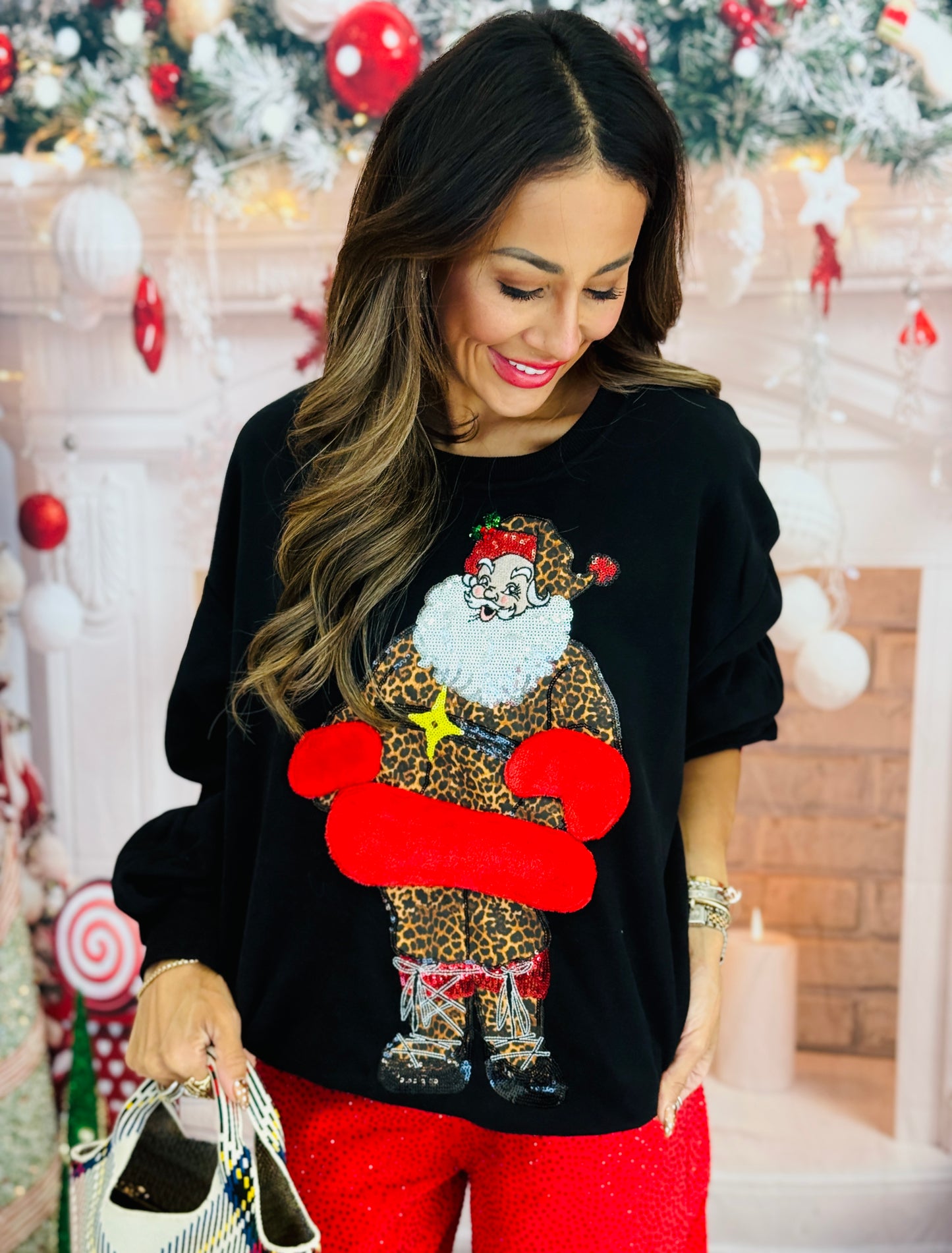 Queen Of Sparkles Black Leopard Santa Fur Sweatshirt (Reg. & Plus)