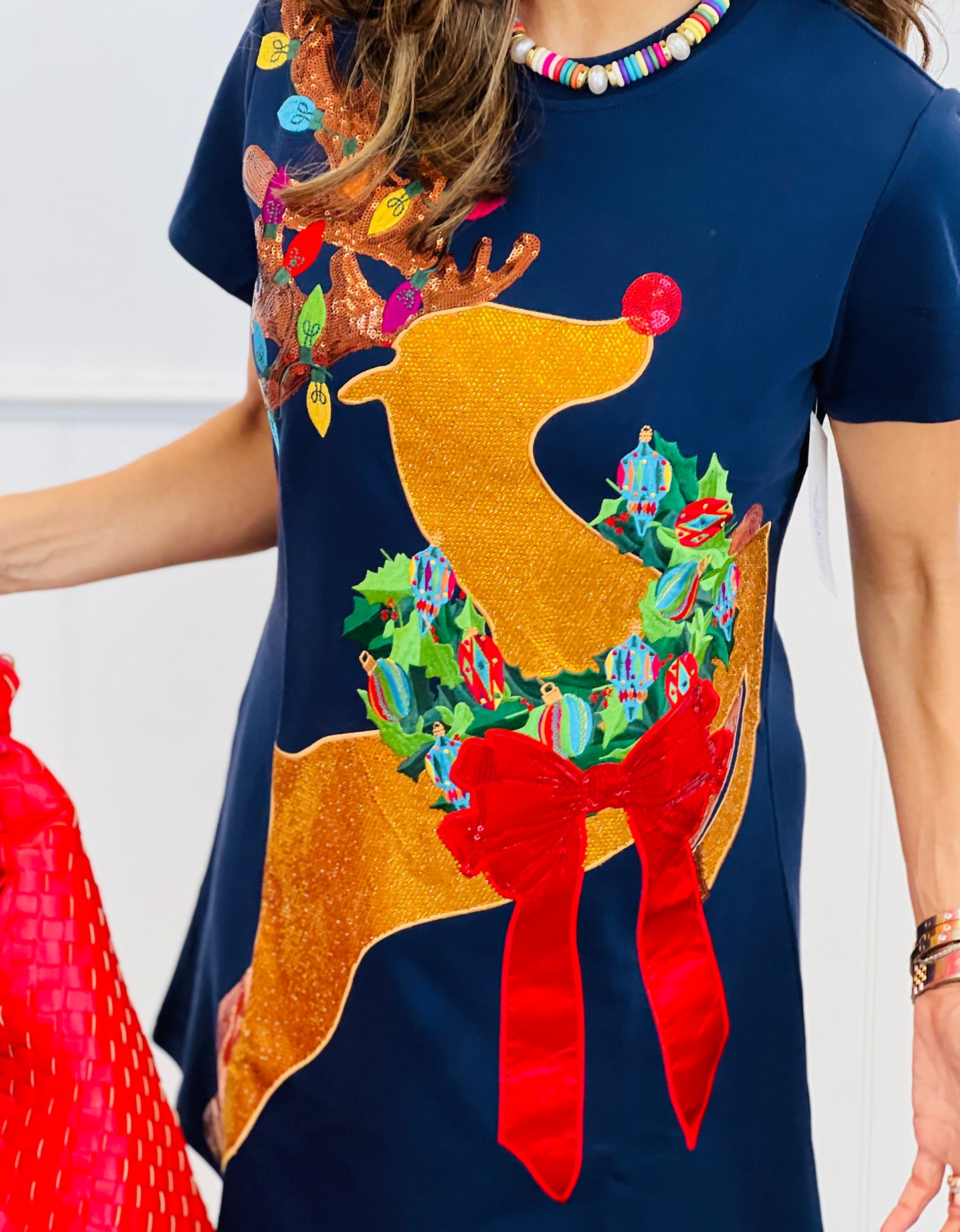 Queen Of Sparkles Navy Rhinestone Rudolph Tee Dress (Reg. and Plus)