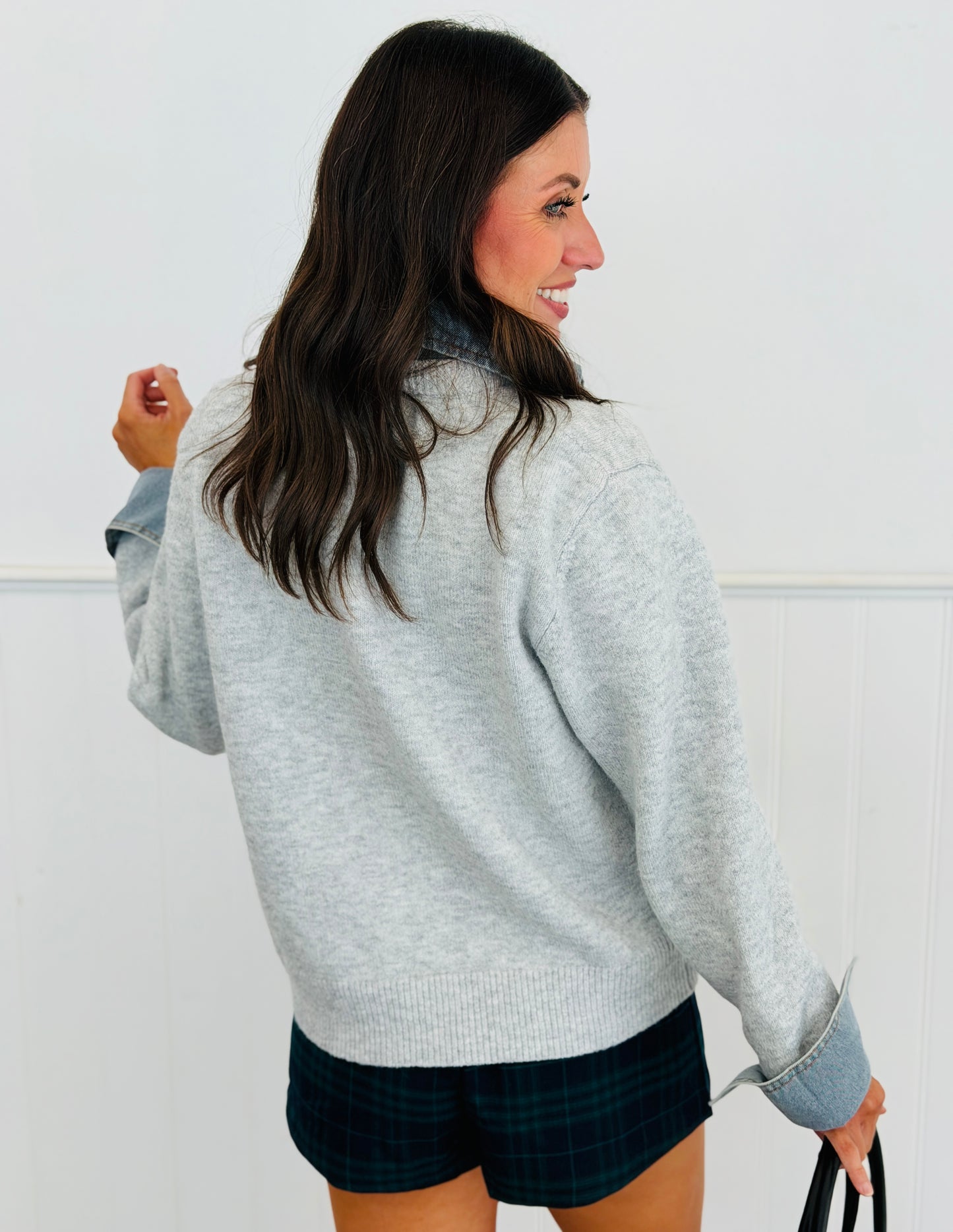 Grey Denim Trim Button Down Sweater Cardigan (Reg & Plus)