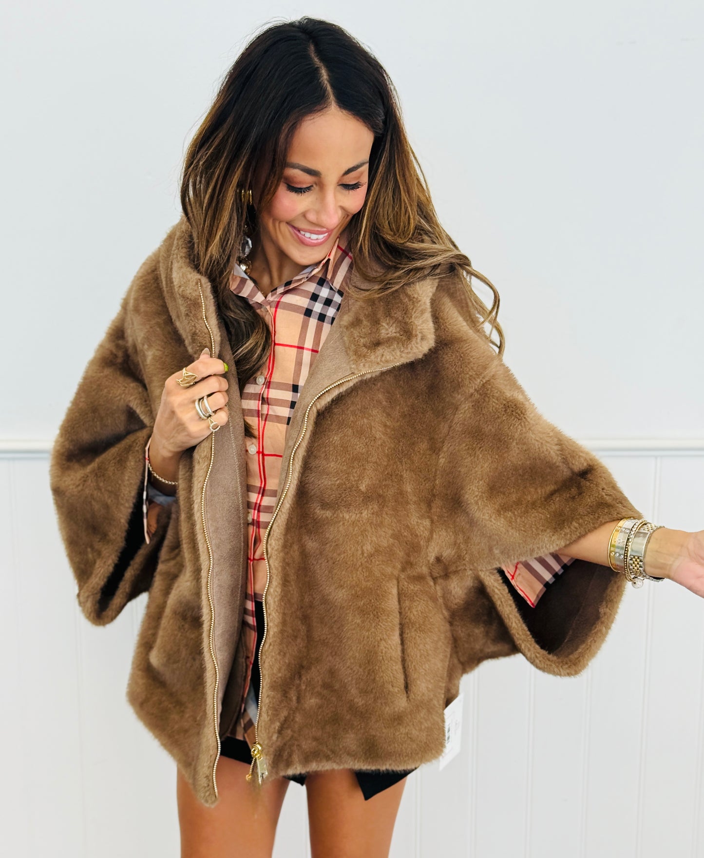 Camel Faux Fur Hooded Jacket (OS)