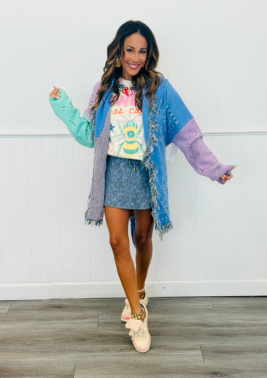 Lavender/Blue Contrast Paisley Cardigan  (Reg & Plus)