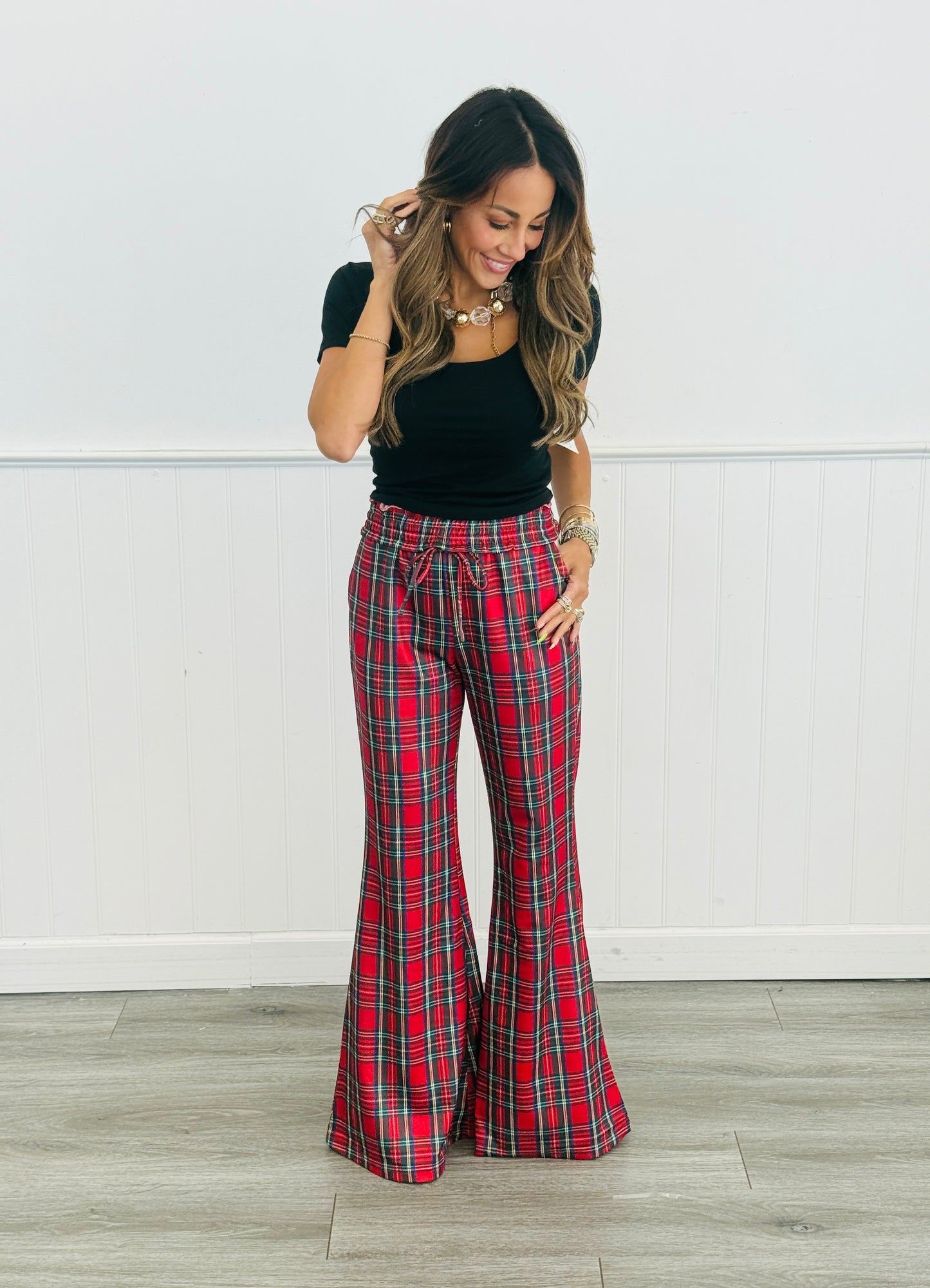 Red Plaid Drawstring Flare Pants (Reg & Plus)