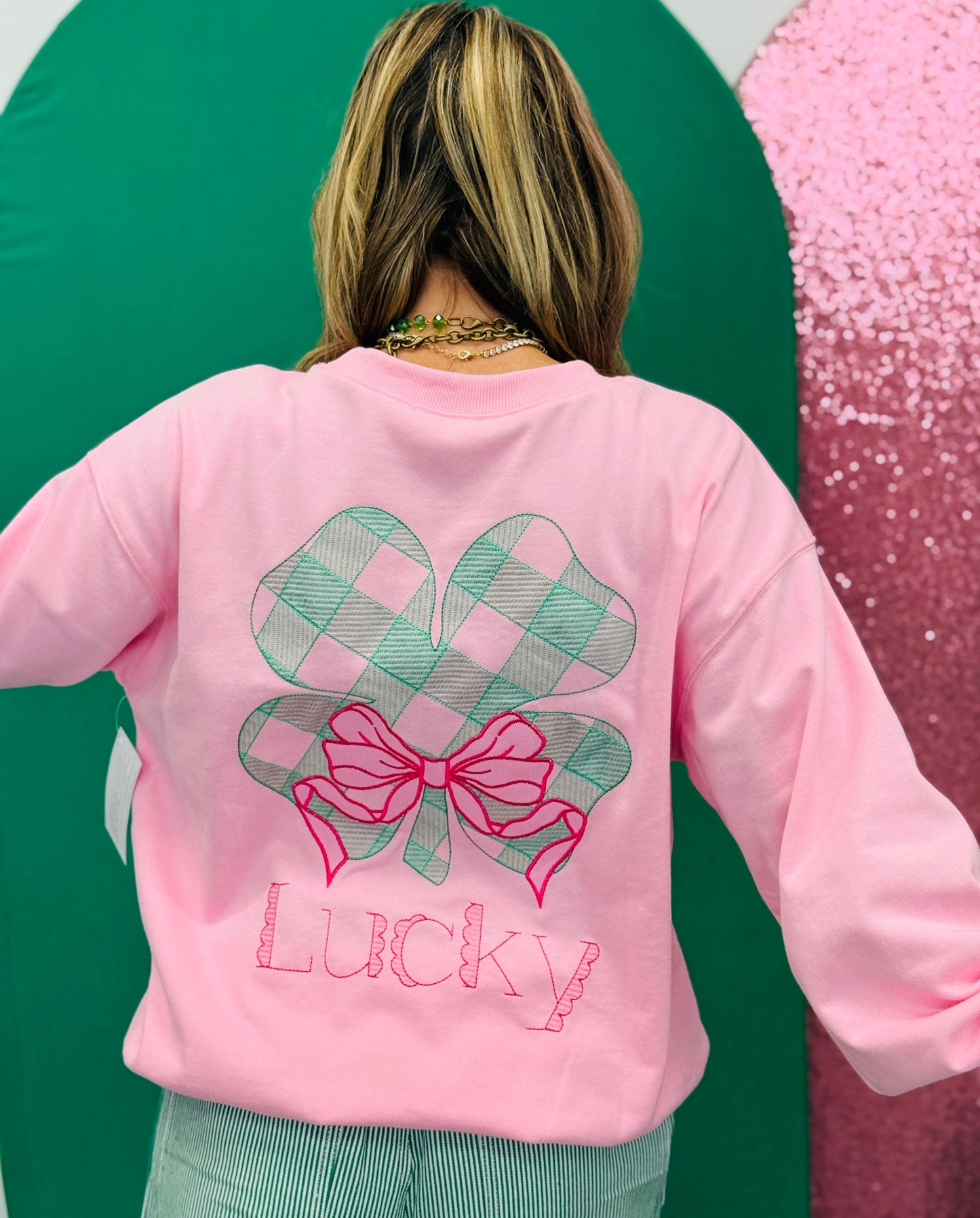 Lt Pink Embroidered & Checker Lucky Clover Sweatshirt (Reg.)