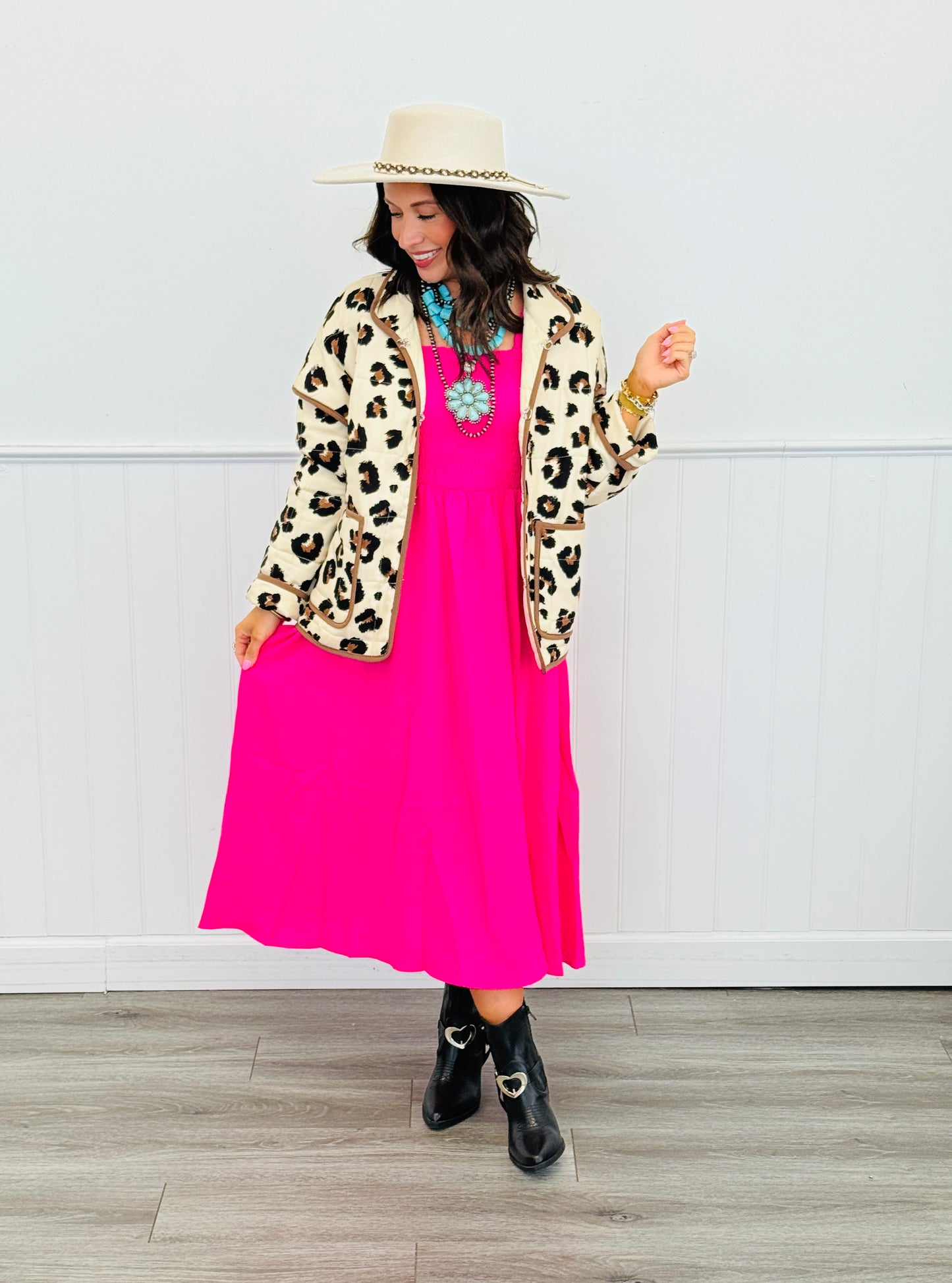 Leopard Print Contrast Binding Quilted Jacket (Reg.)