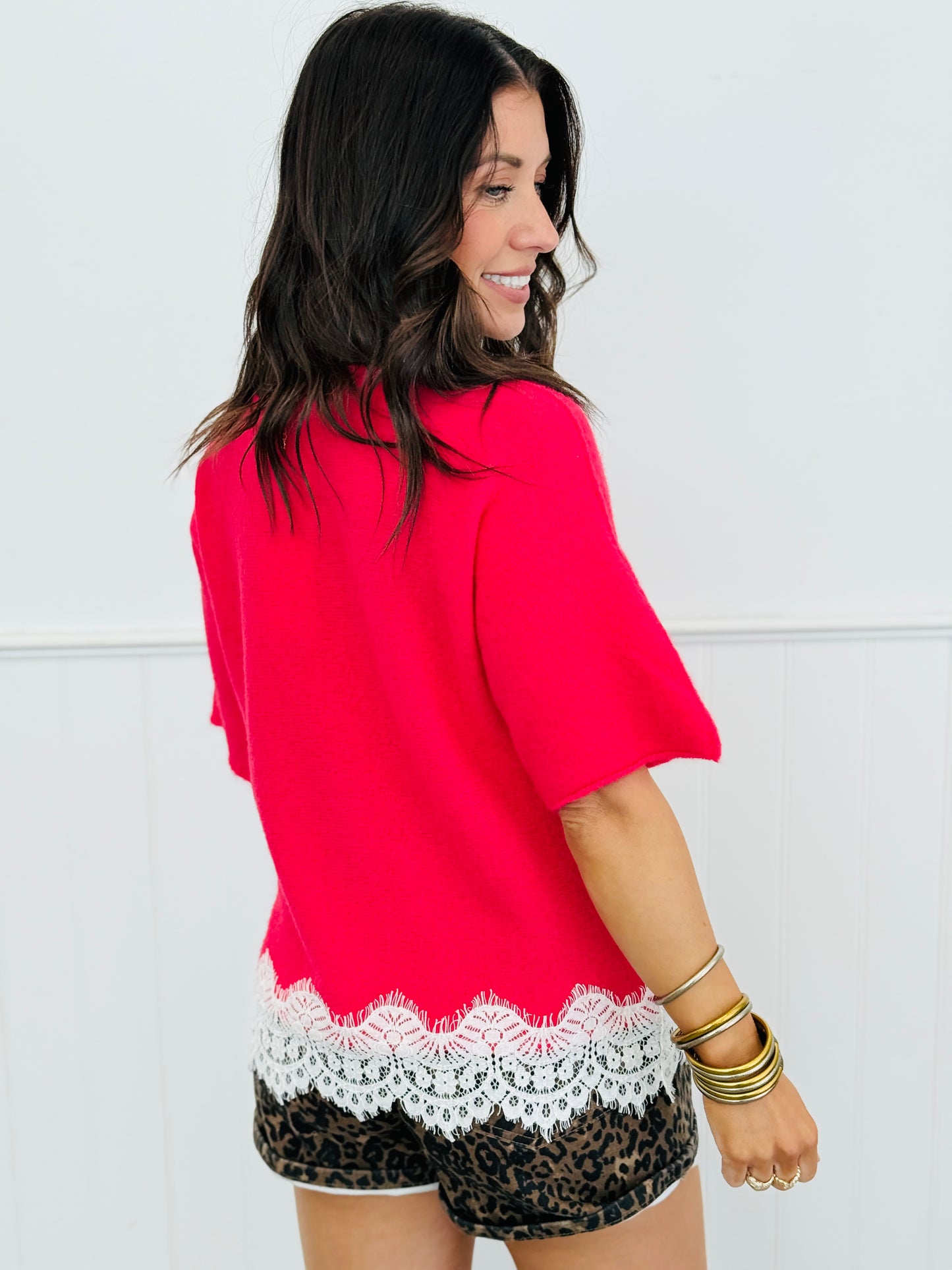Hot Pink Lace Hem Fuzzy Sweater Top (One Size)