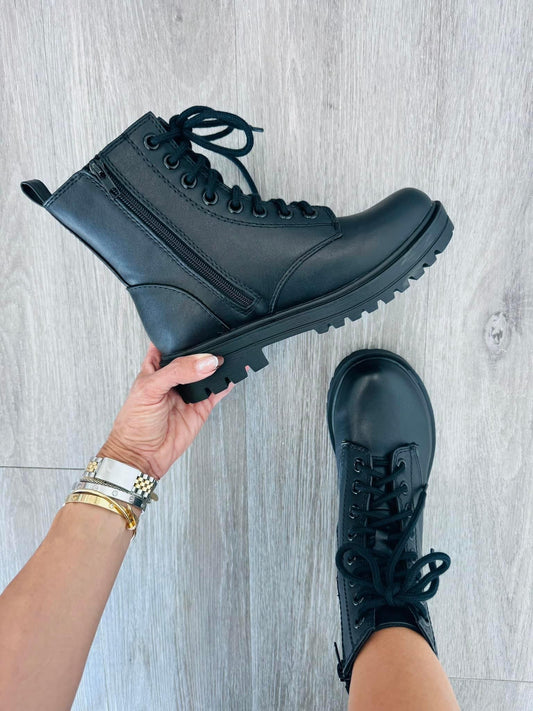 Black PU All About That Lace Combat Boots