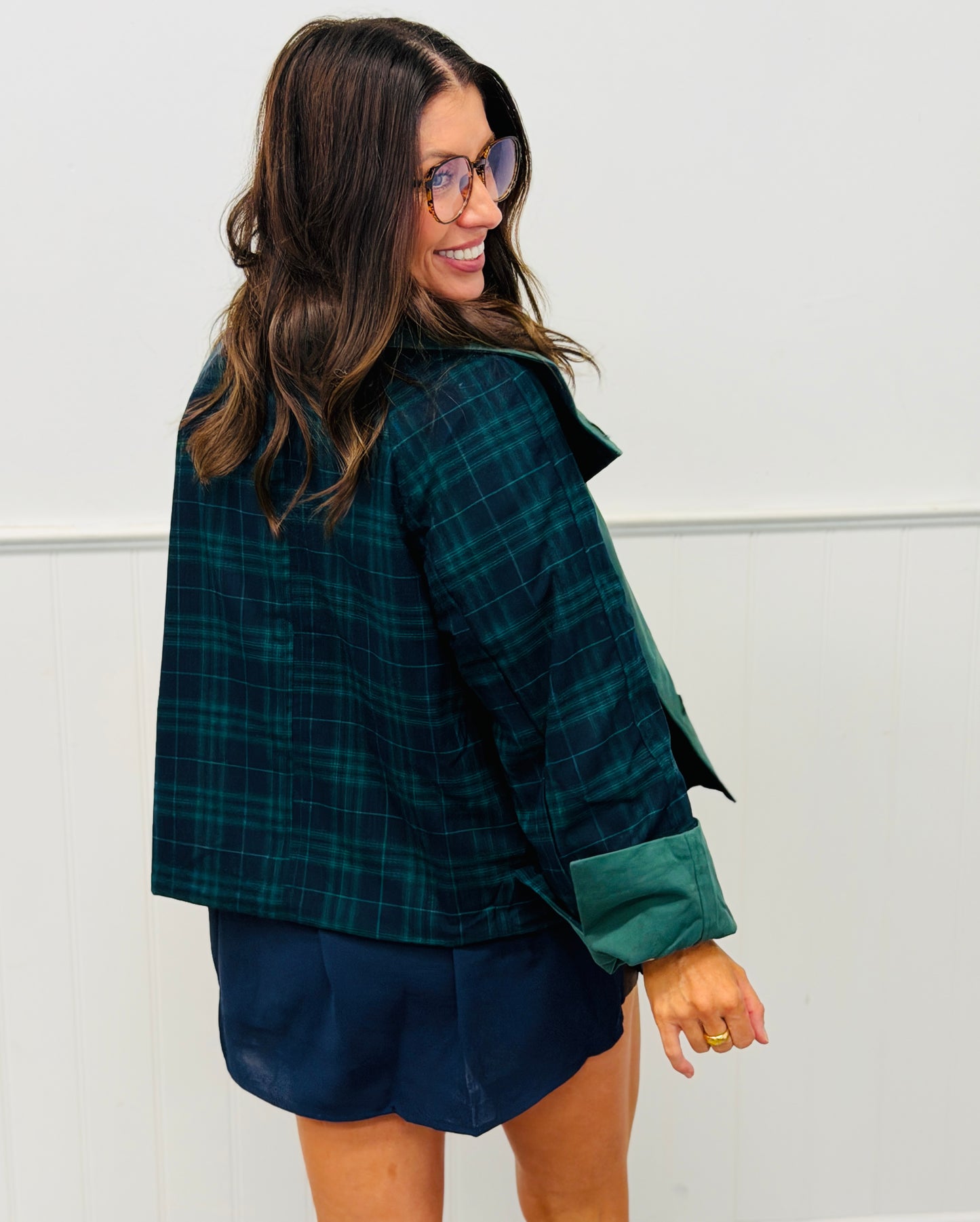Hunter/Navy Reversible Crop Trench Jacket (Reg & Plus)