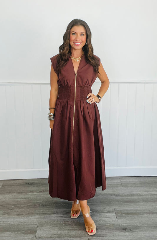 Brown V-Neck Smocked Waist Sleeveless Midi Dress (Reg.)