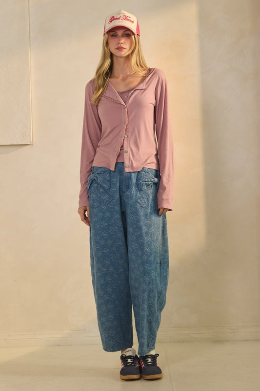 Washed Denim Bow Pockets Barrel Pants (Reg. and Plus)