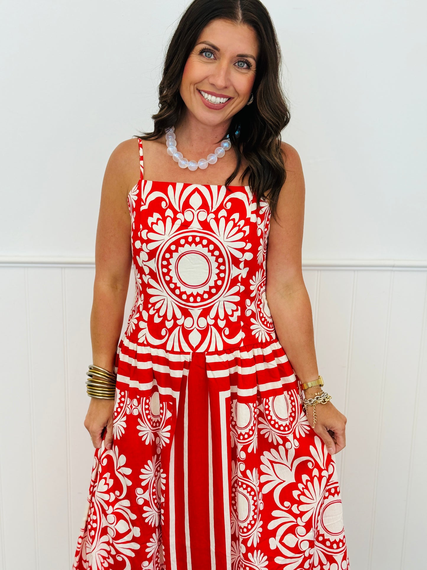 Red/Ivory Printed Midi Dress (Reg.)