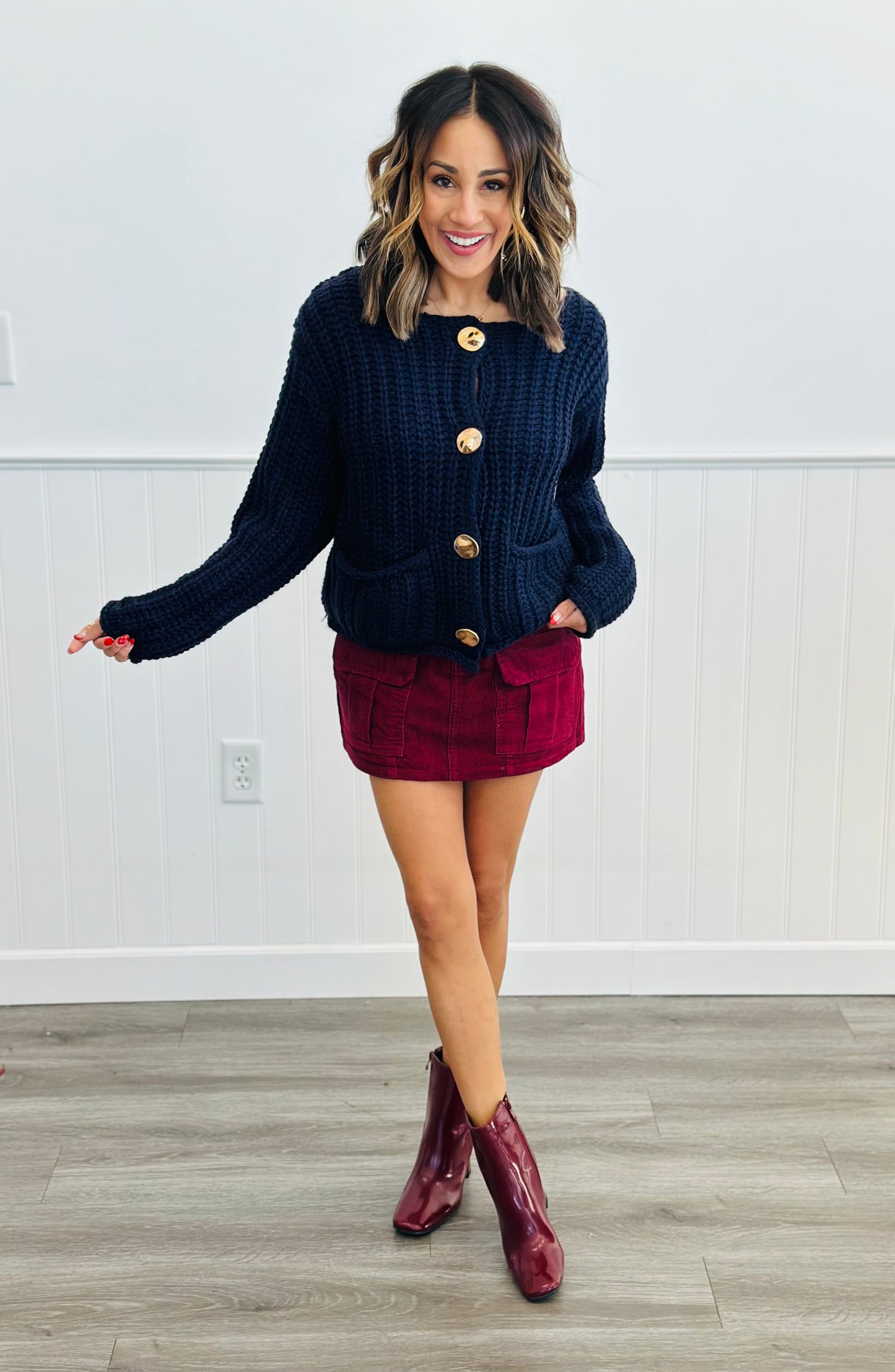 Wine Corduroy Cargo Mini Skirt (Reg)