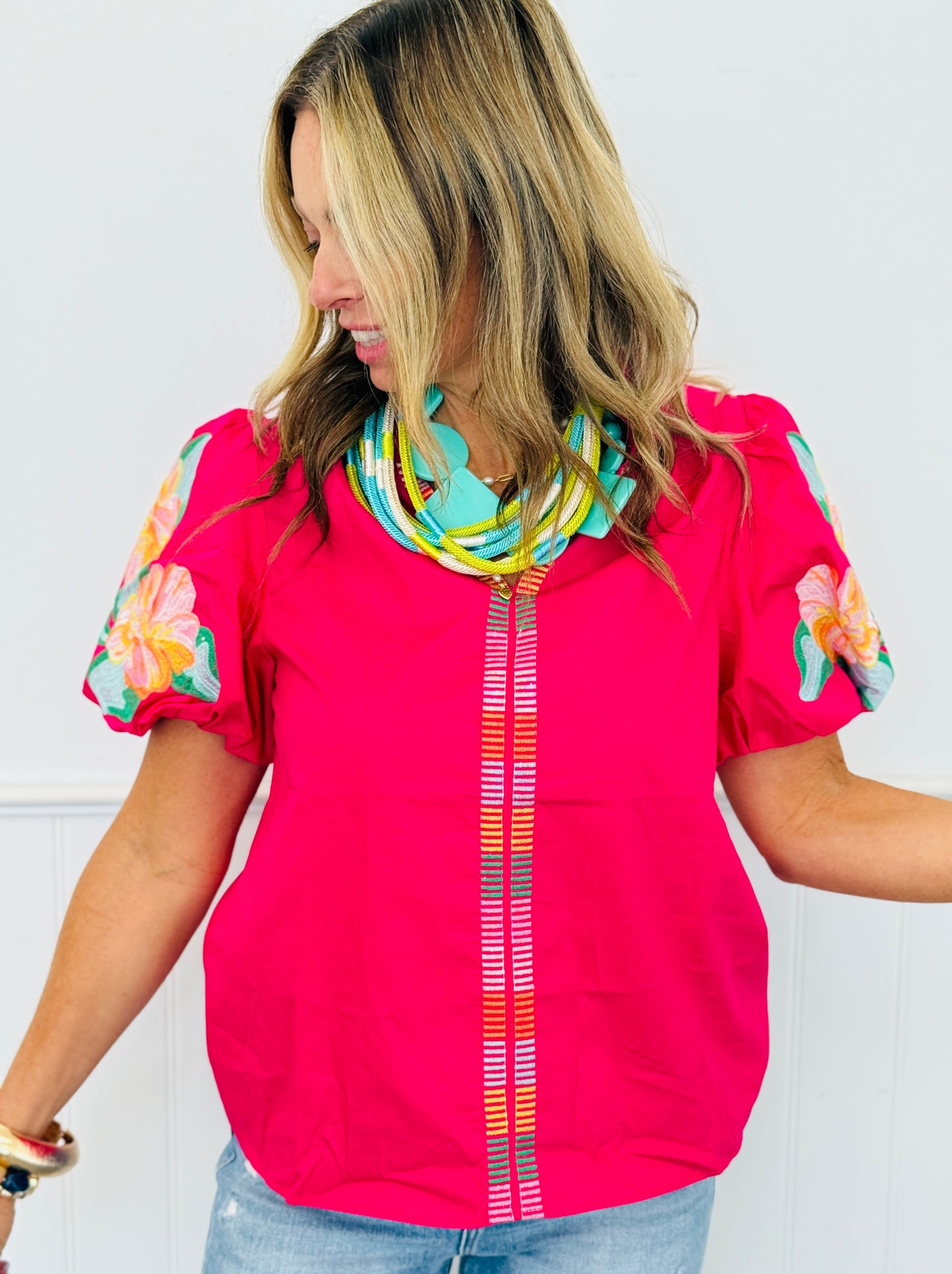 Fuchsia Floral Embroidered Puff Sleeves Blouse (Reg.)