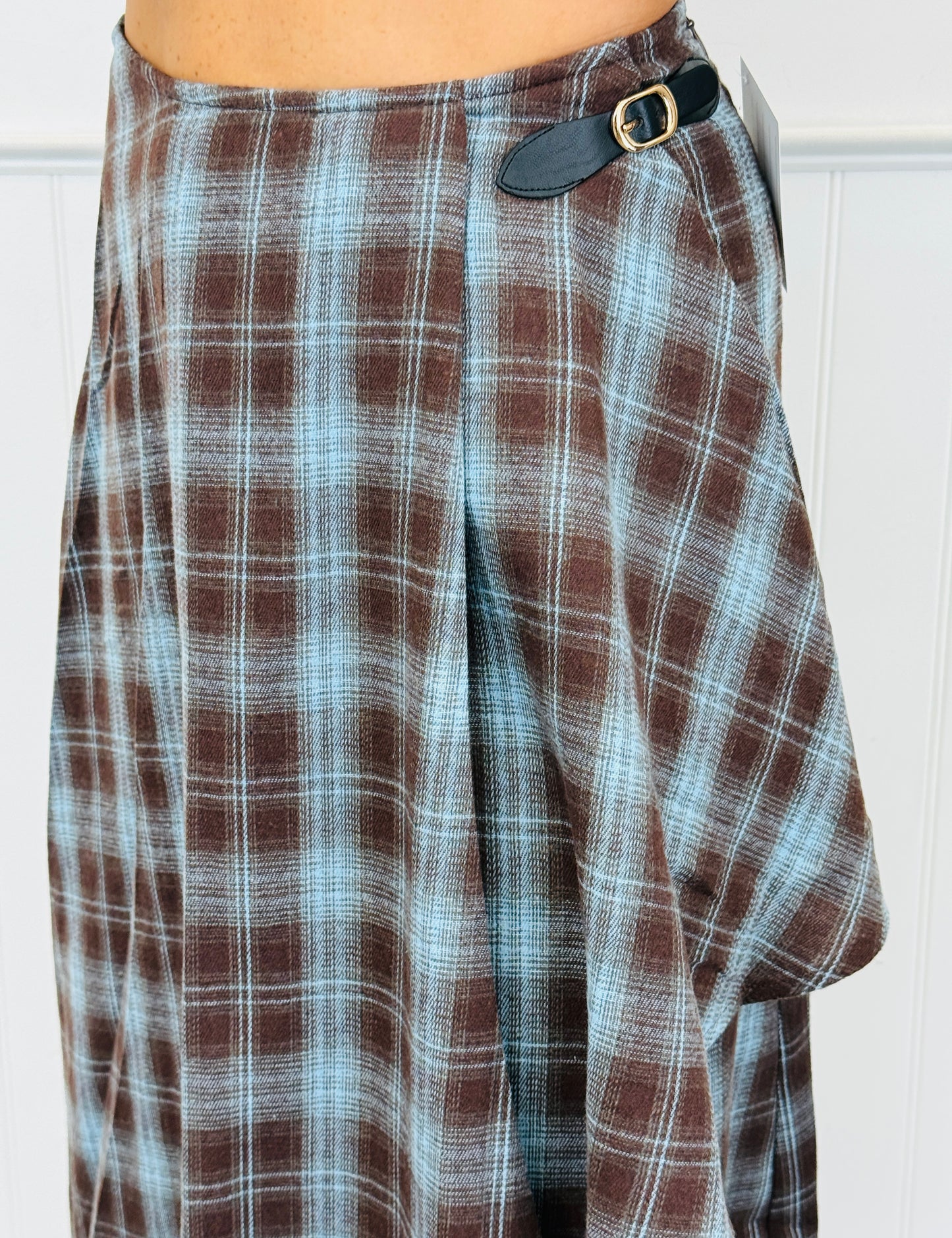 Brown/Blue Combo Plaid Wrap Midi Skirt (Reg & Plus)