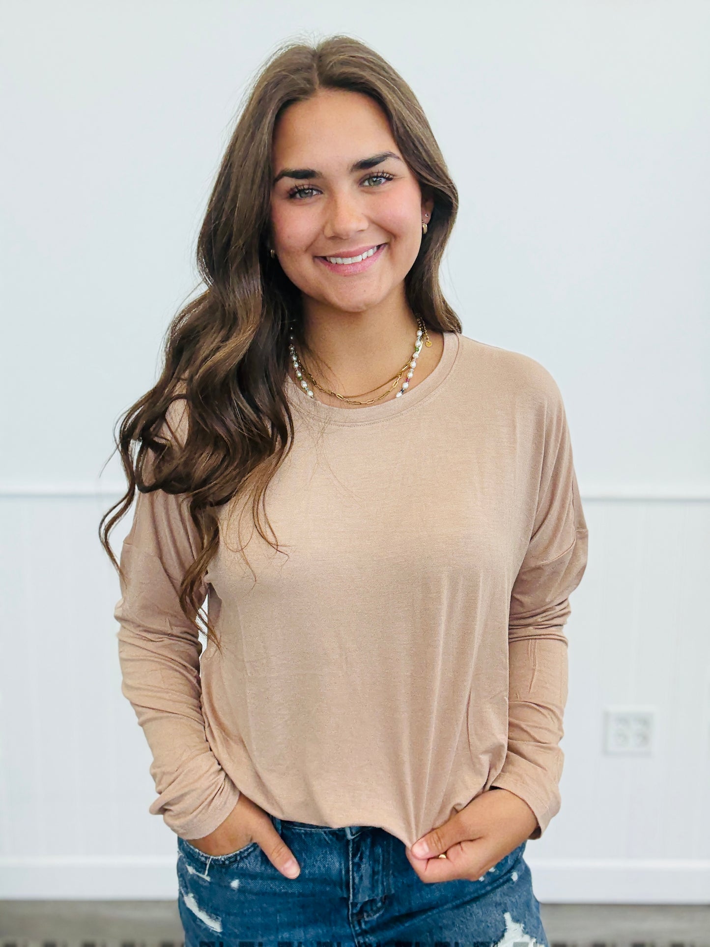 Curved Hem Long Sleeve Top (Reg.)-5 Colors