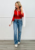 Red Relaxed Fit 3/4 Sleeves V Neck Top (Reg. and Plus)