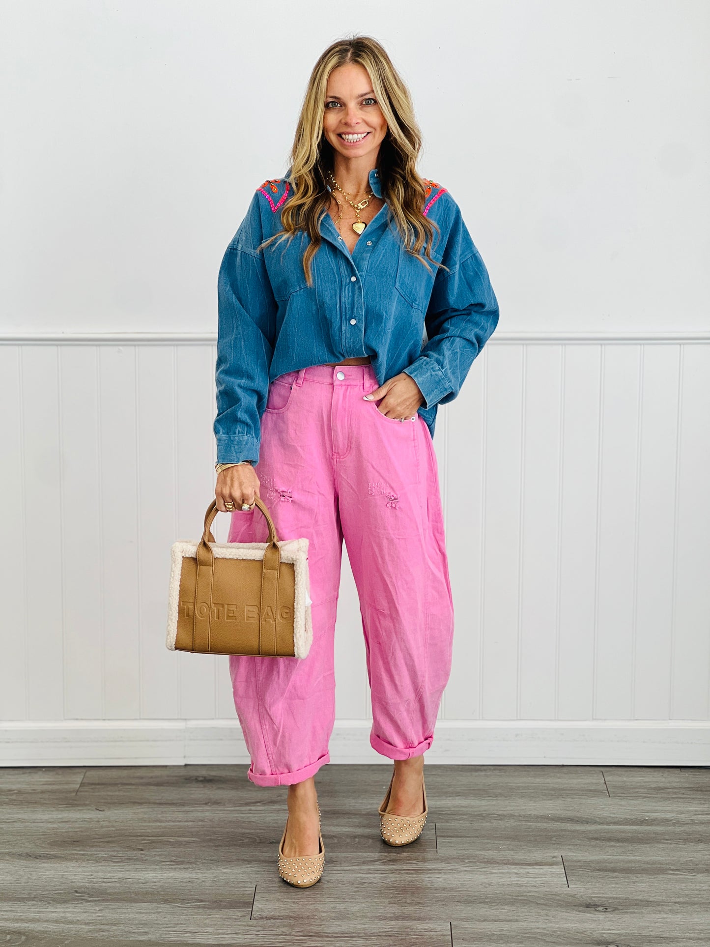 Lt Denim Floral Sequin Embroidered Button Up Top (One Size)