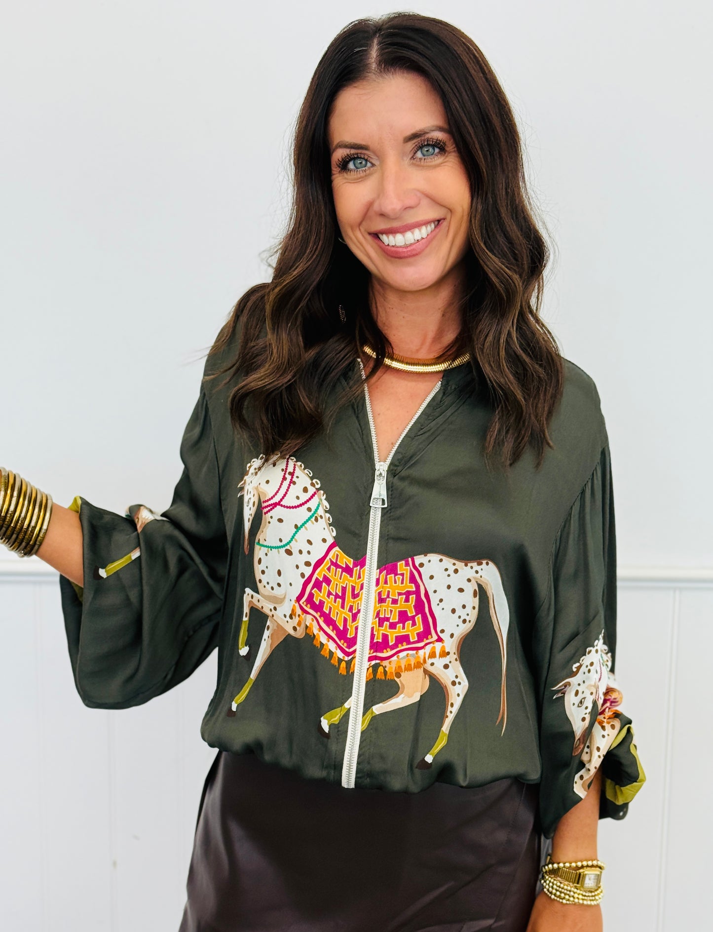 Dk Green Festive Horse Zip Up Jacket (One Size )