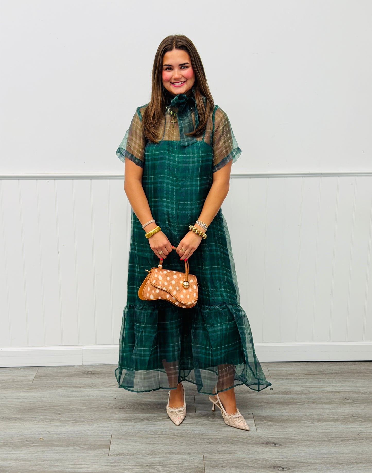 Green Plaid Sheer Overlay Midi Dress (Reg.)
