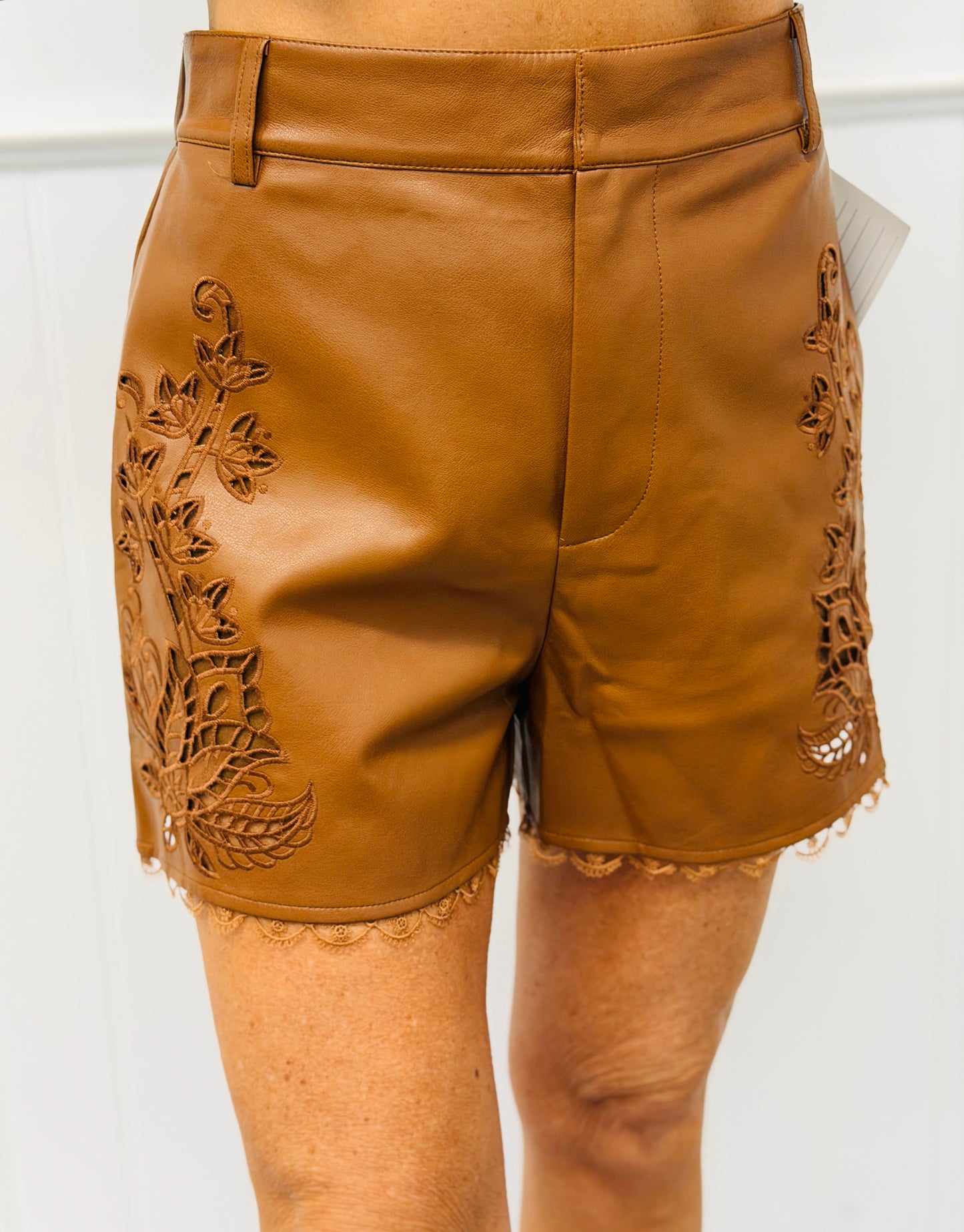 Leatherette Embroidered Lace Trim Shorts (Reg & Plus) - 2 Colors
