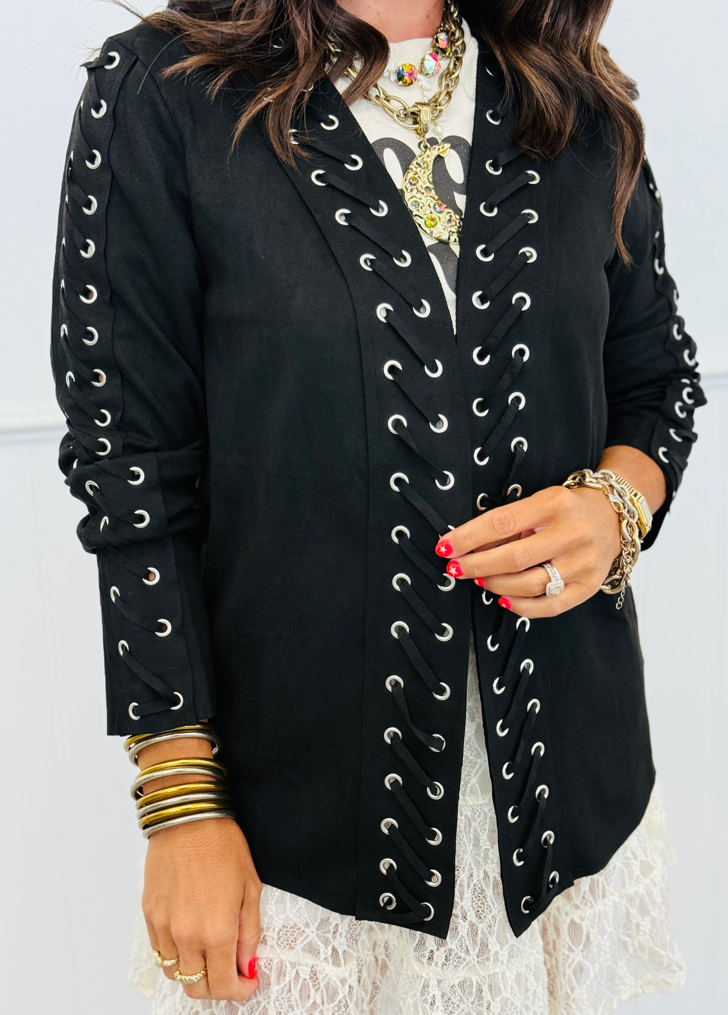 Black Suede Lace Up Cardigan (Reg. and Plus)