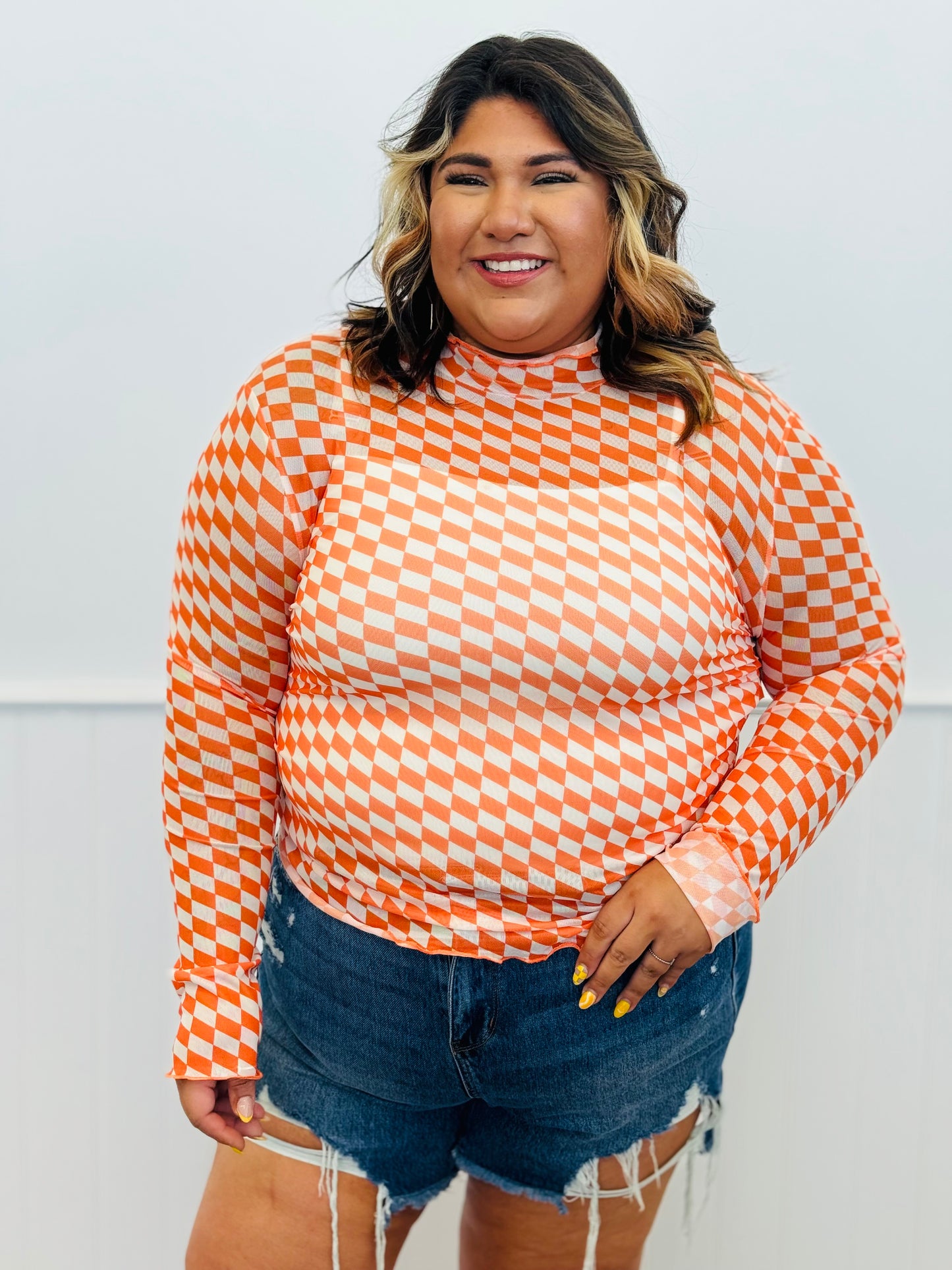Checkered Mesh Long Sleeve Top (Reg & Plus)-3 Colors