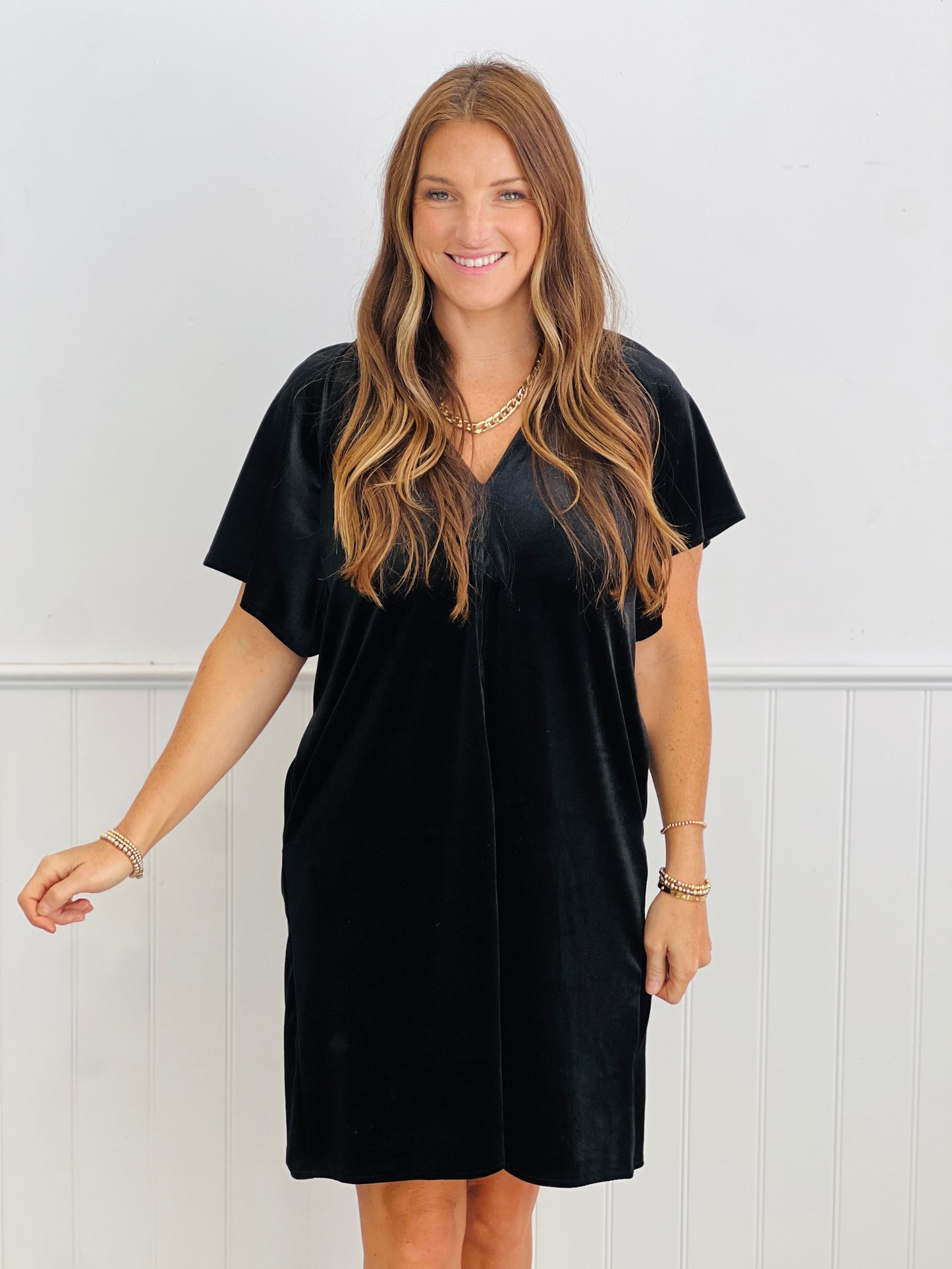 Black Gathered V-Neck Velvet Mini Dress (Reg. and Plus)