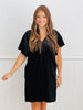 Black Gathered V-Neck Velvet Mini Dress (Reg. and Plus)