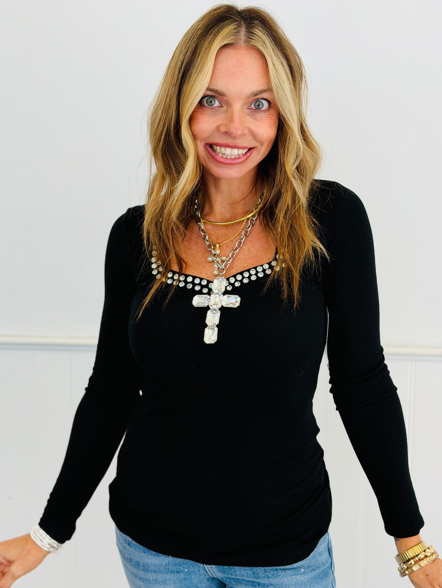 Black Sweetheart Crystal LS Top (Reg. and Plus)