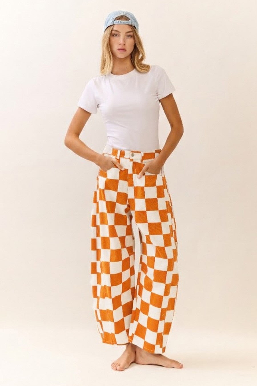 Orange Checkered Print Barrel Pants (Reg. and Plus)