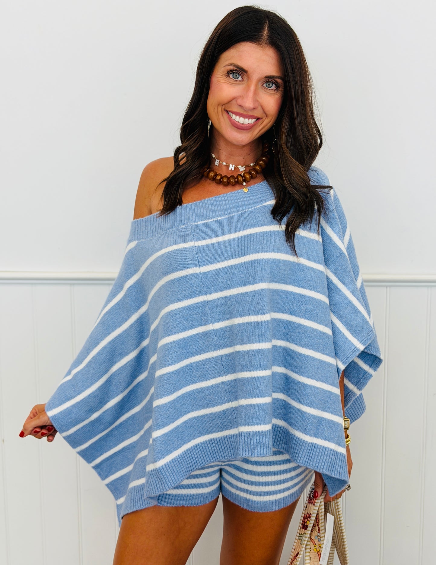 Blue/White Striped Poncho Sweater Top (Reg.)