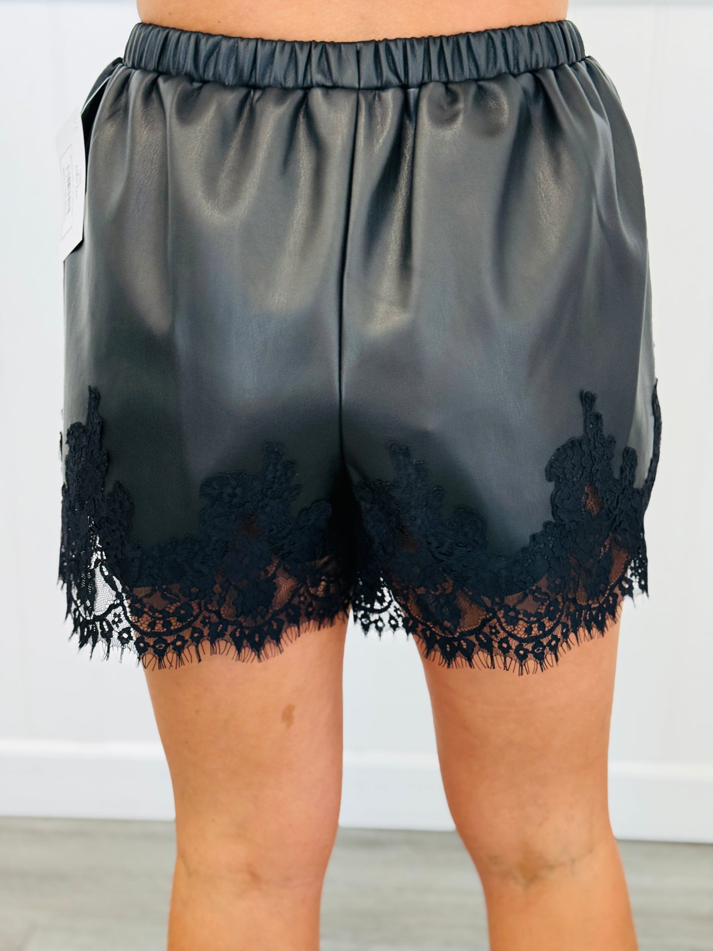 Black Faux Leather Lace Trim Shorts (Reg.)