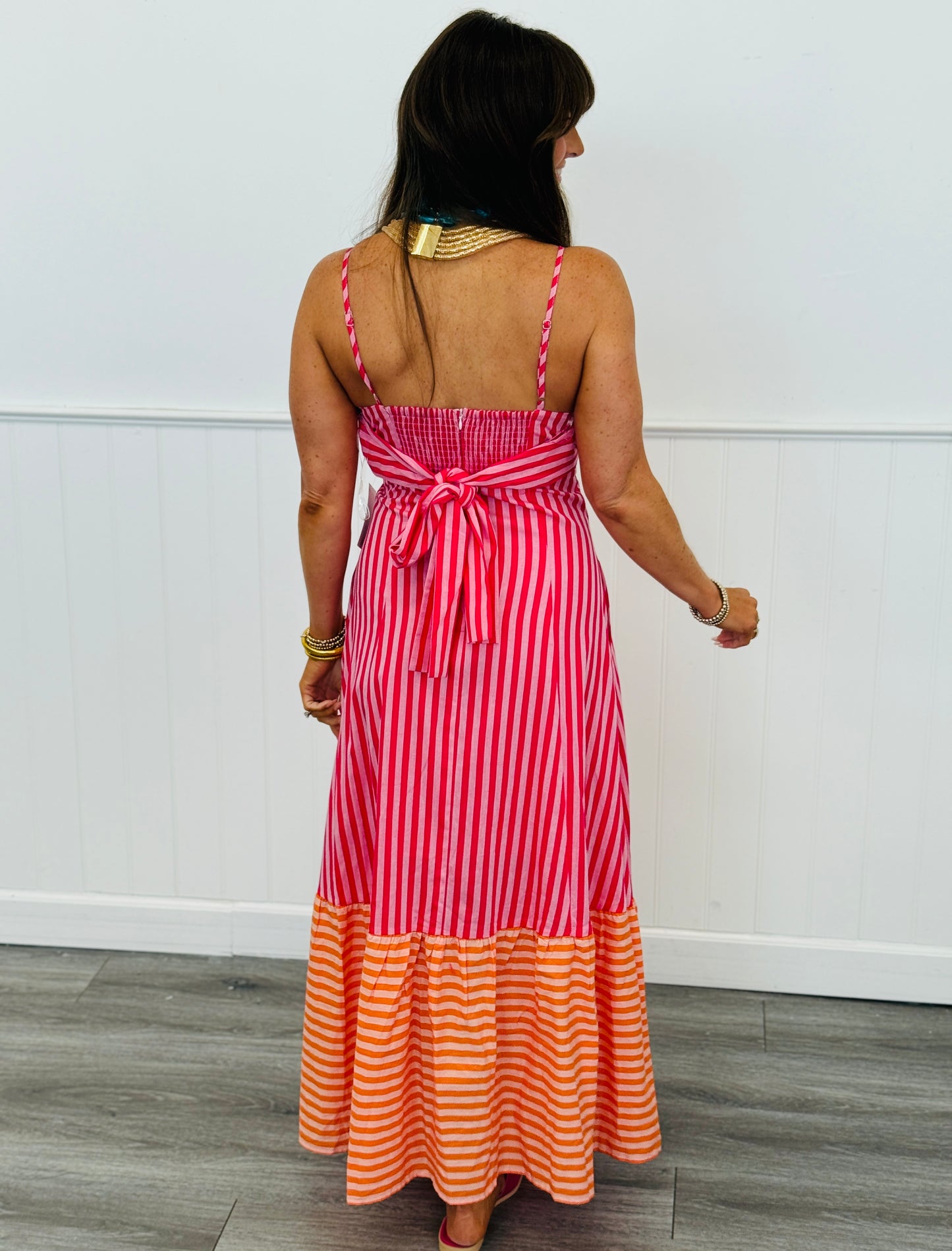 Hot Pink Striped Back Bow Tie Midi Dress (Reg.)