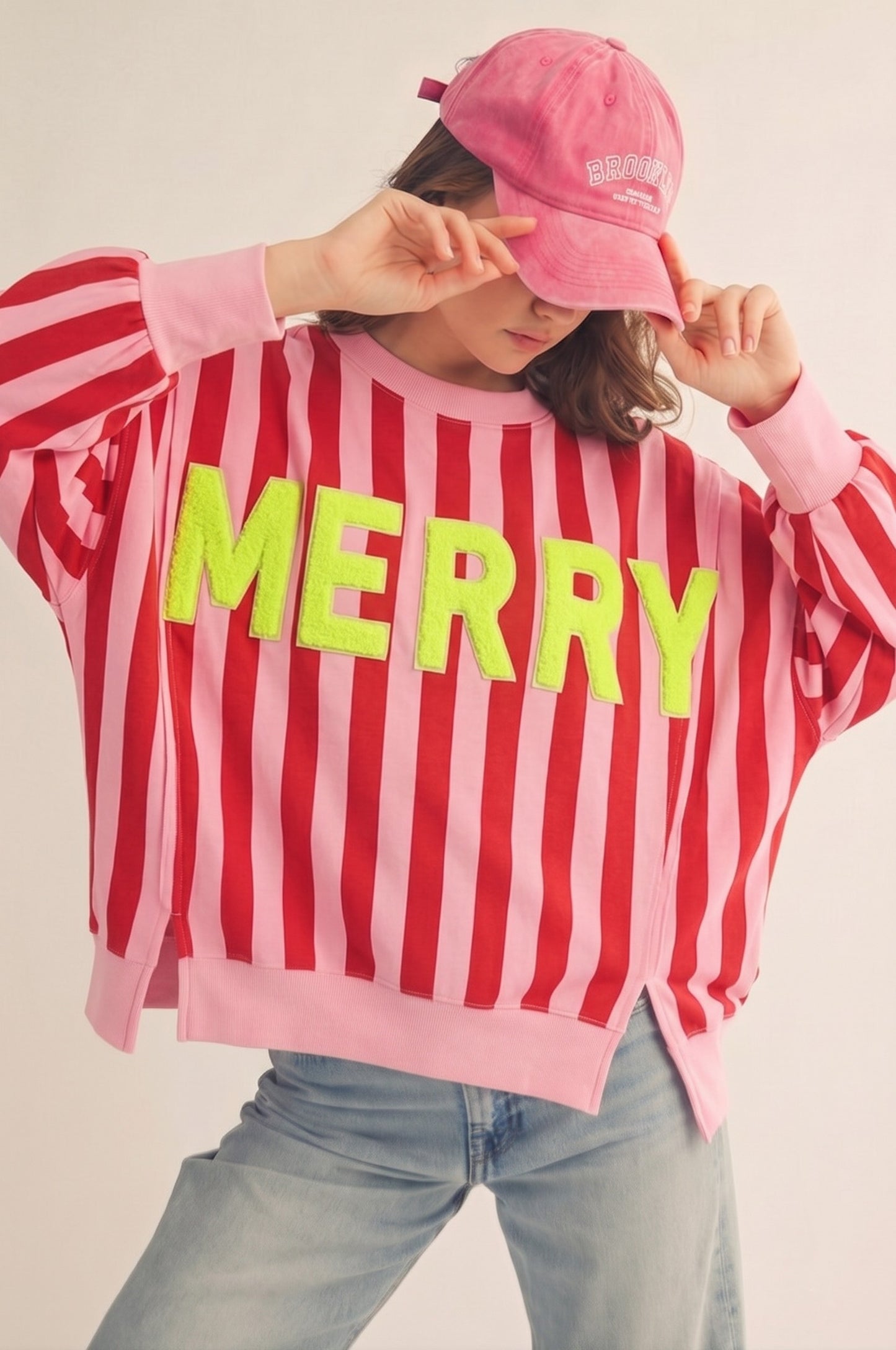 Pink/Red Merry Oversized Striped Sweatshirt (Reg)