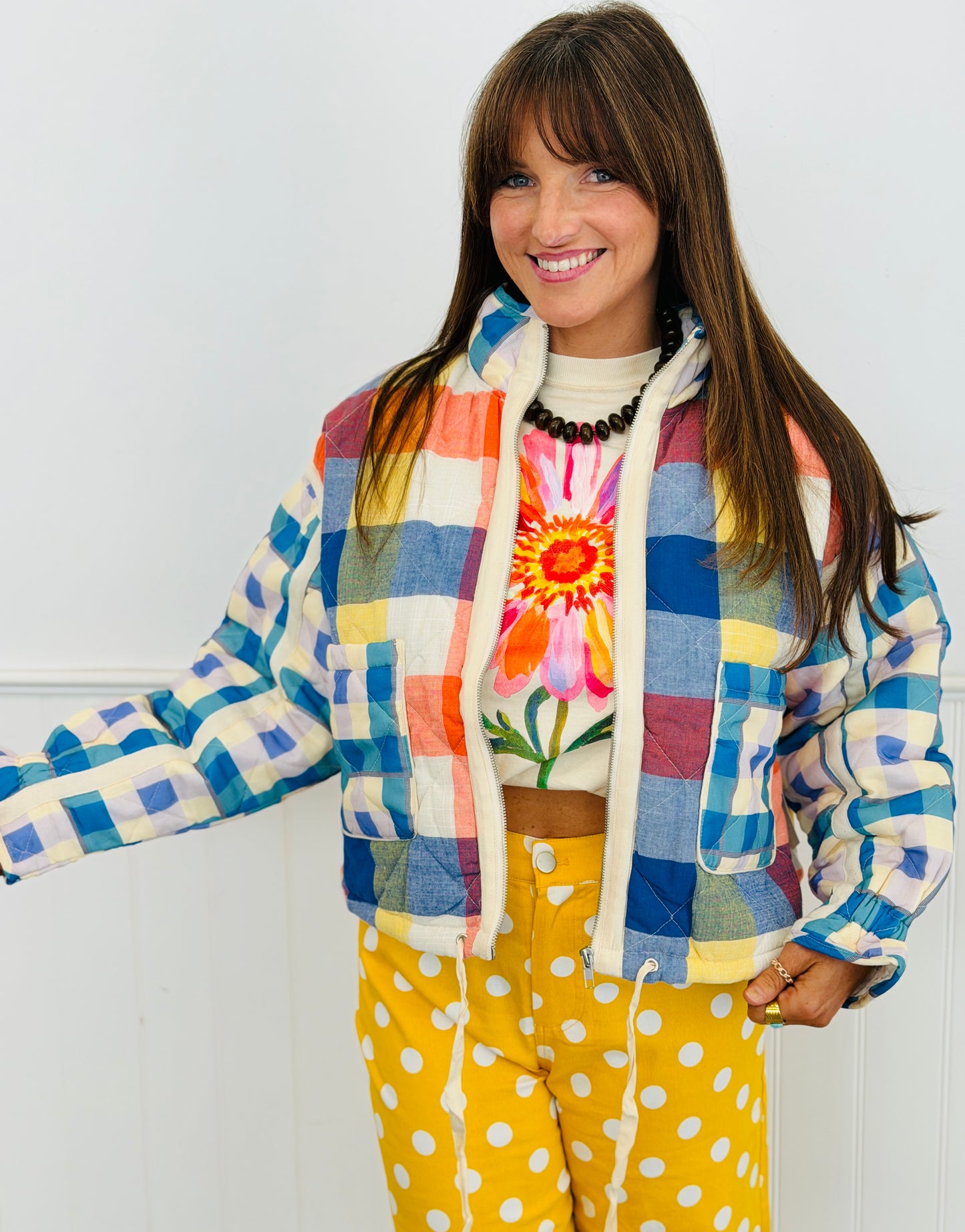 Blue Combo Plaid Quilted Puffer Jacket (Reg & Plus)