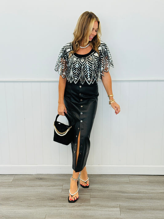 Black Faux Leather Button Down Midi Skirt (Reg)