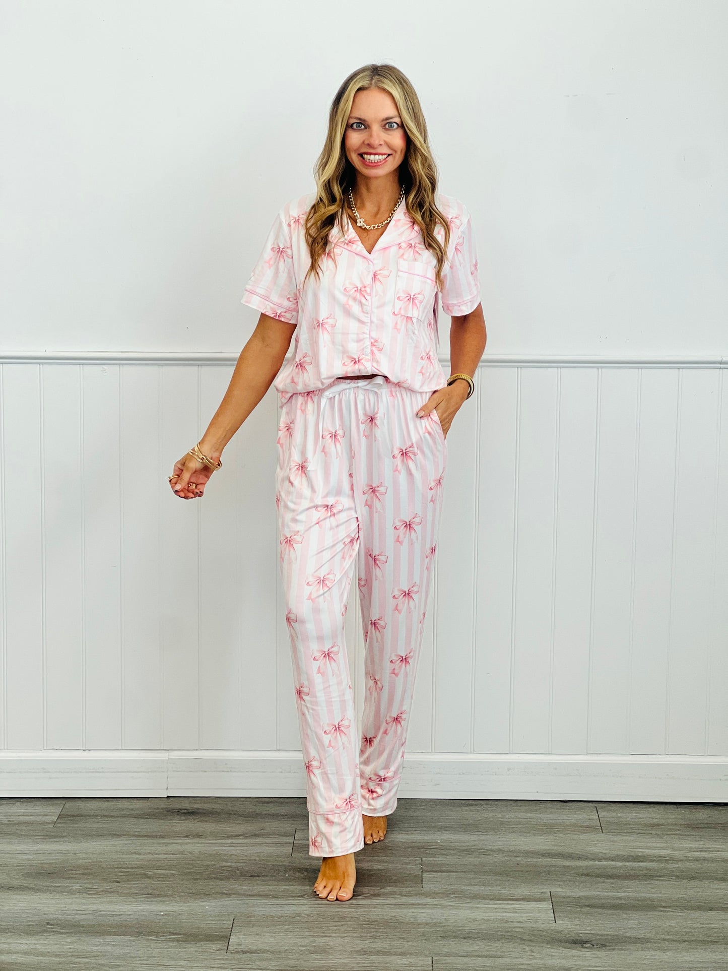 Pink Coquette Bow Button Down PJ Pant Set (Reg. & Plus)
