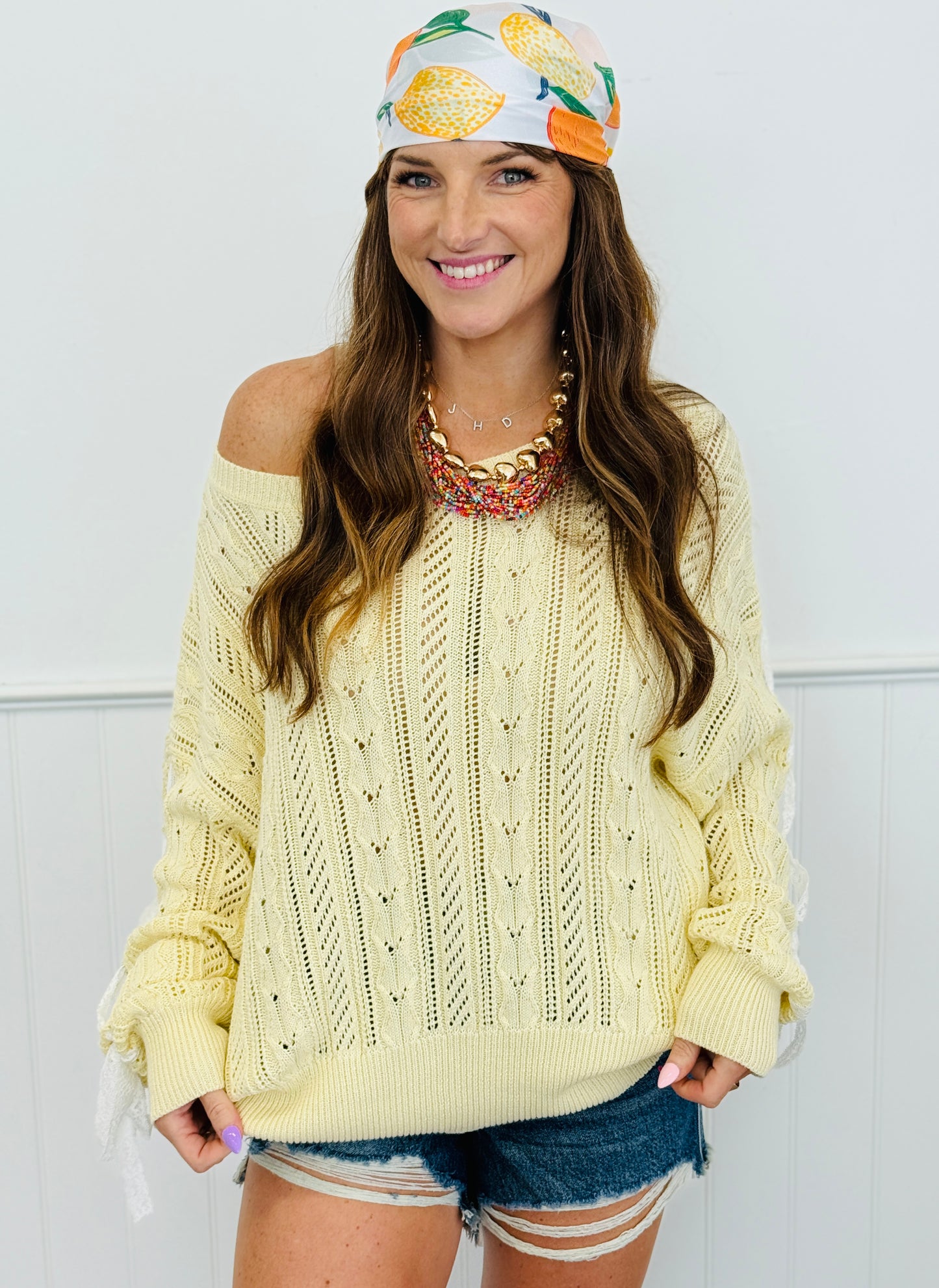 Light Yellow Pointelle Lace Trim Sweater Top (Reg.)