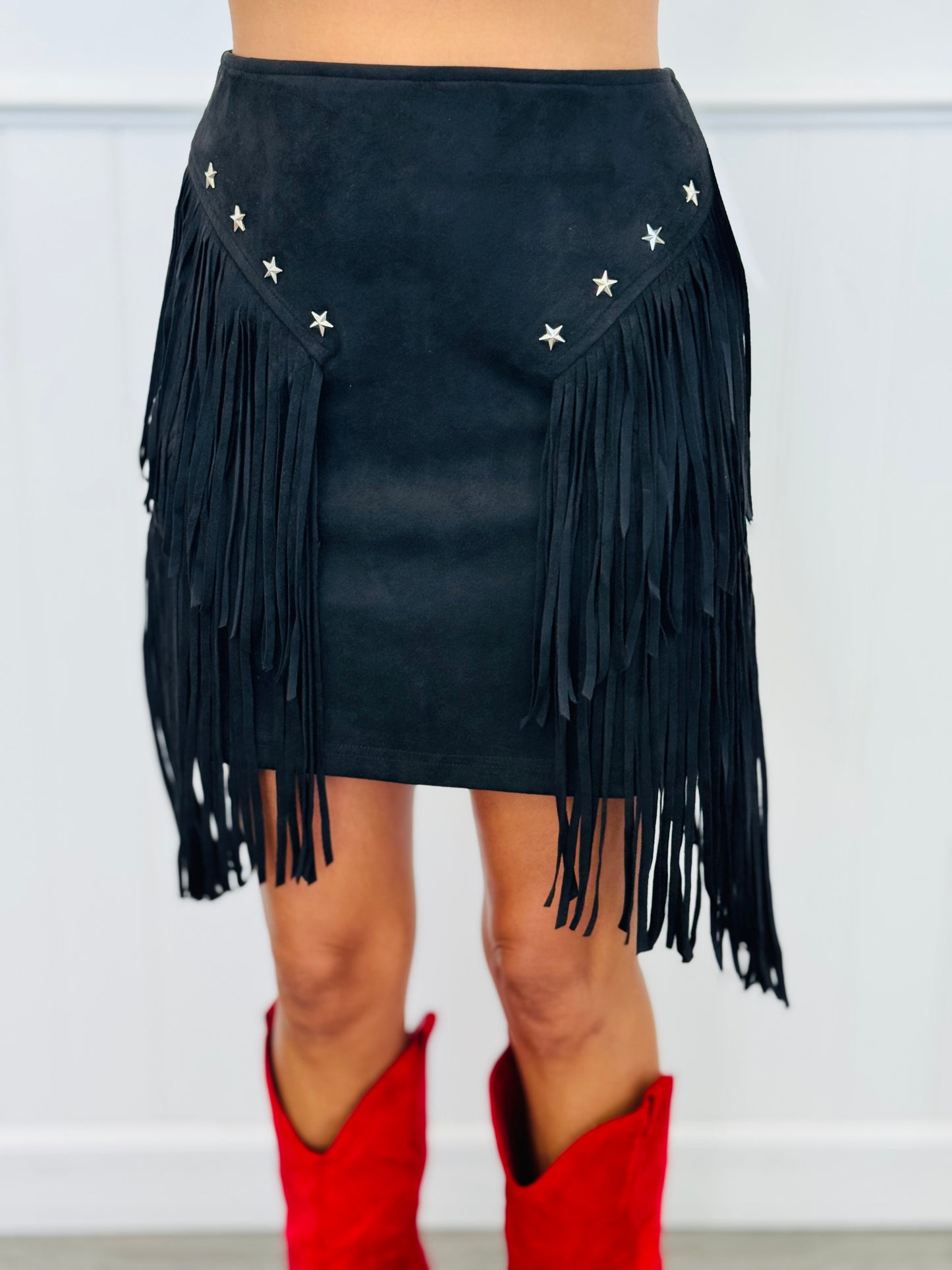 Starry Suede Fringe Mini Skirt (Reg & Plus)-2 Colors