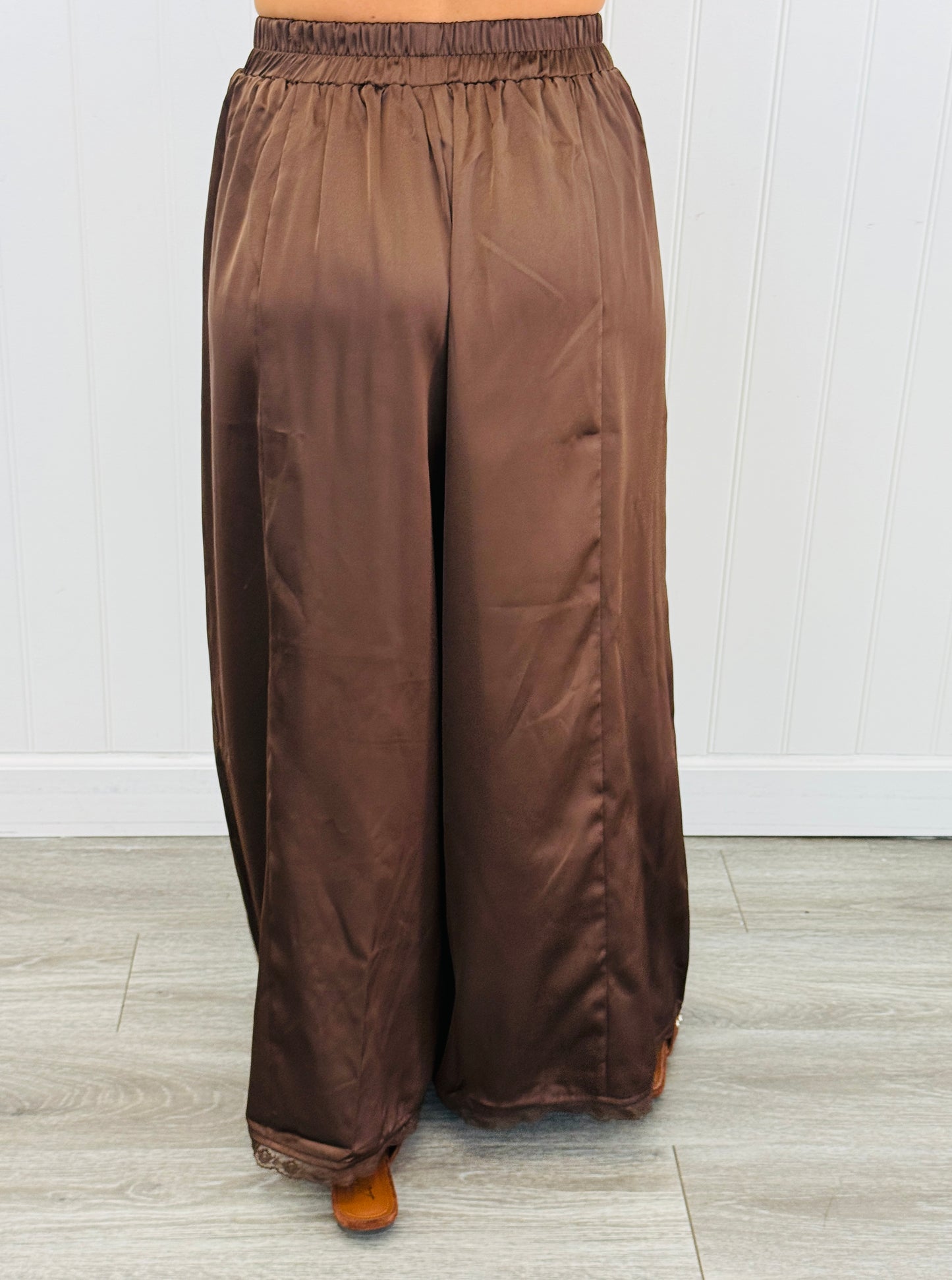 Dk Brown Lace Trim Satin Pants (Reg. and Plus)