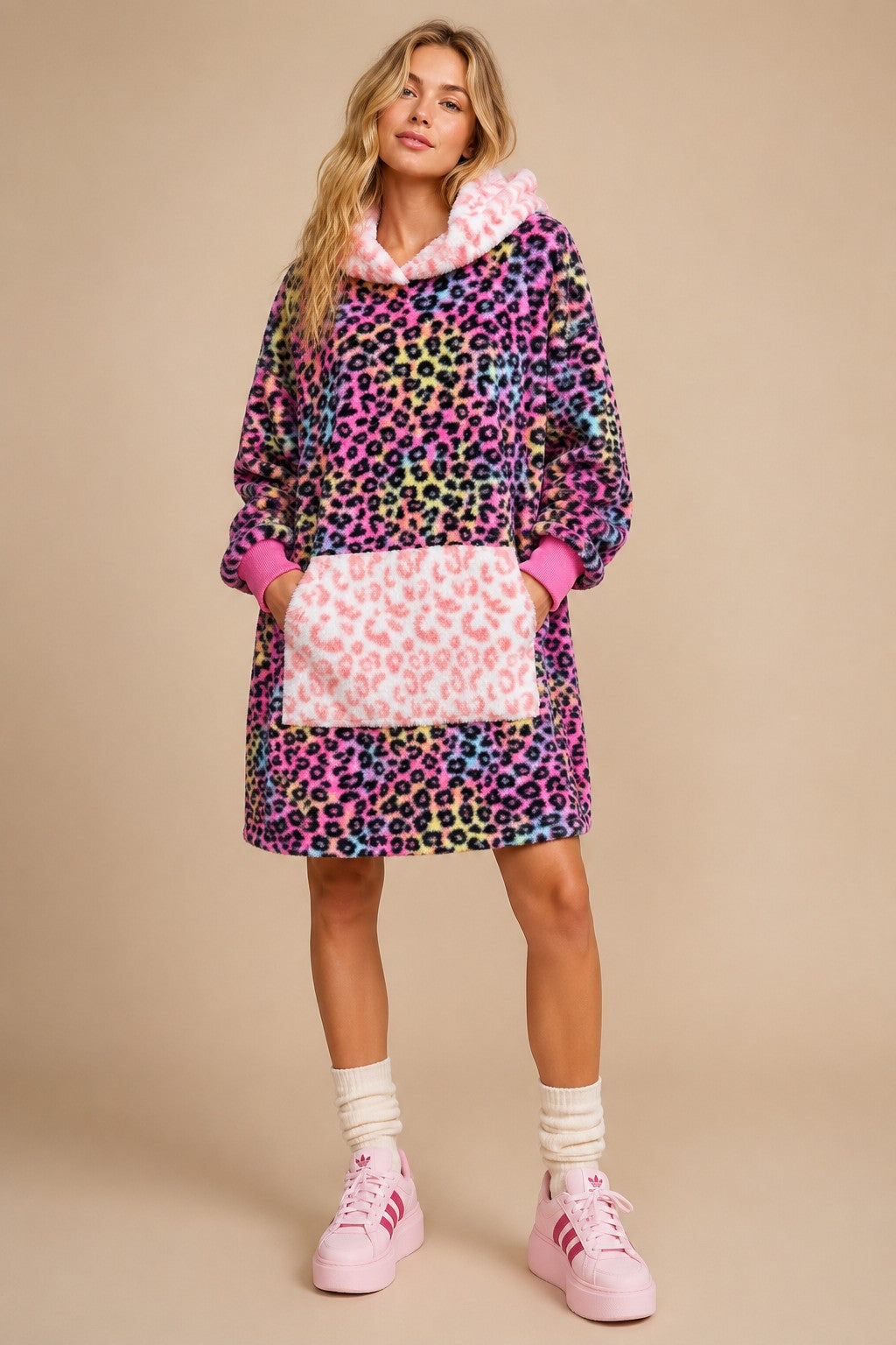 Colorful Leopard Wildly Cozy Print Hoodie Dress (Reg and Plus)