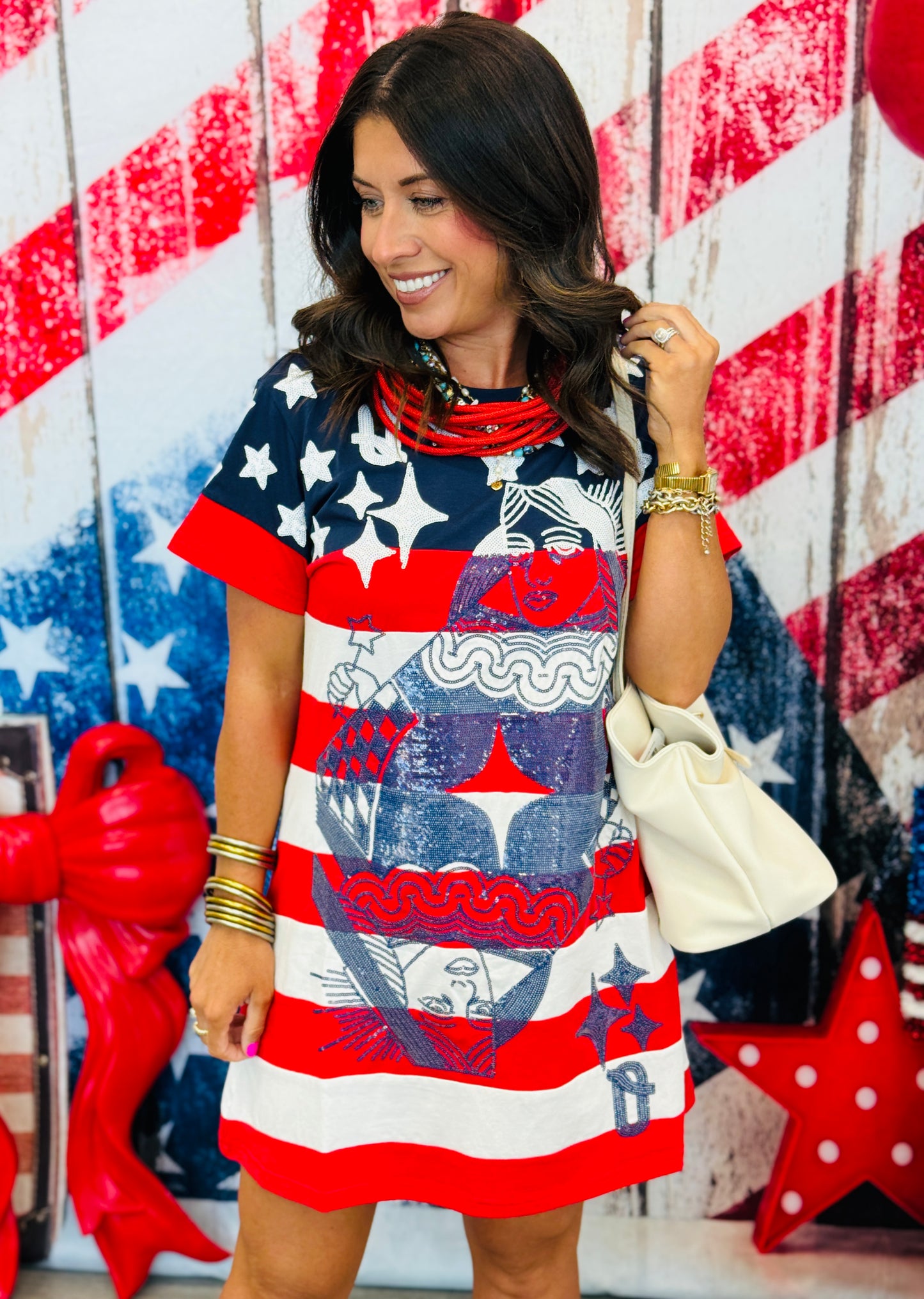 Queen Of Sparkles USA Star & Stripe Card Logo Mini Dress (Reg. & Plus)